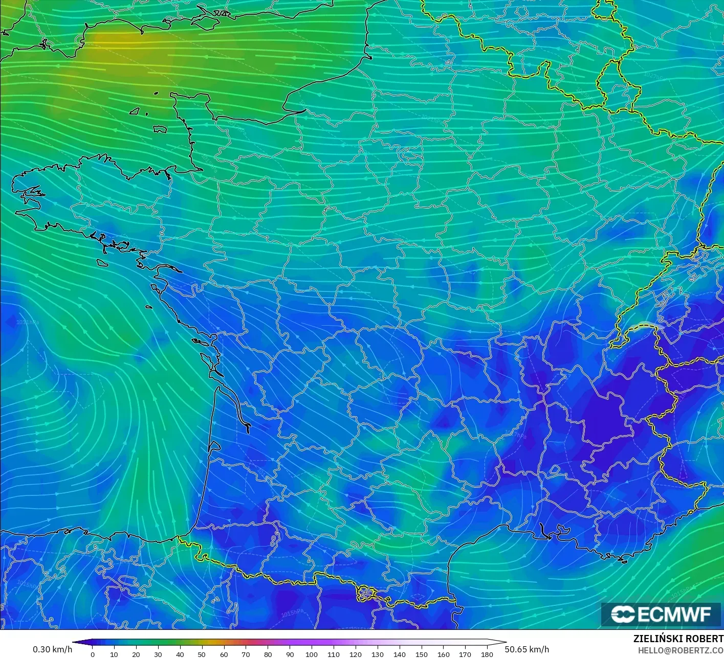 ECMWF IFS 0,25° modelo - França, Vento a 10 m