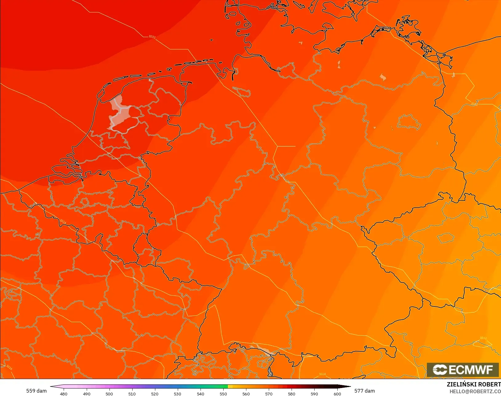 ECMWF IFS 0,25° modelo - Alemanha, Altura geopotencial a 500 hPa
