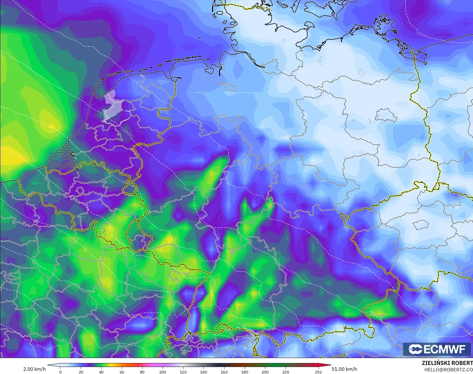 ECMWF IFS 0,25° modelo - Alemanha, Rajadas de Vento Máximas