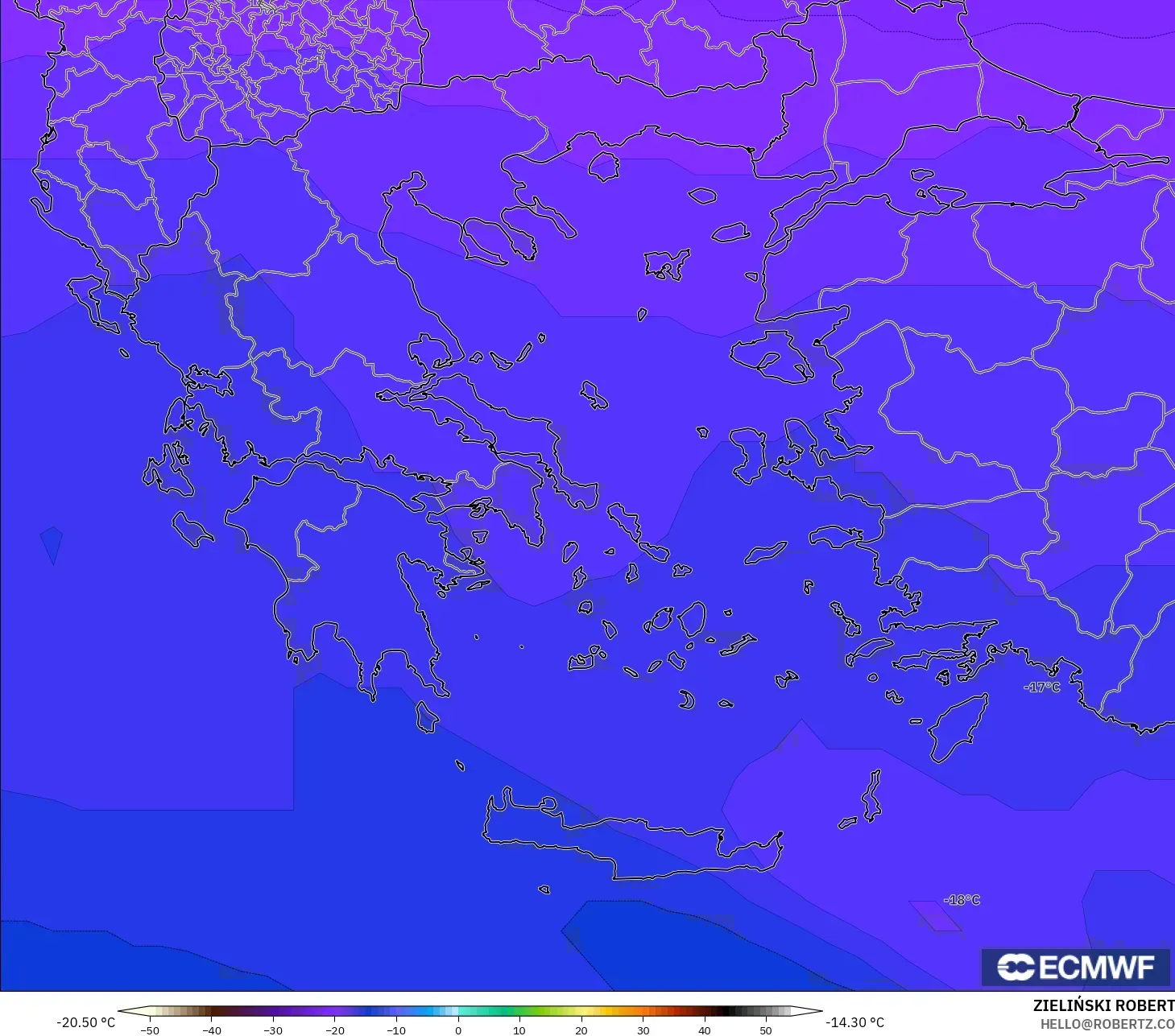 ECMWF IFS 0,25° modelo - Grécia, Temperatura a 500 hPa