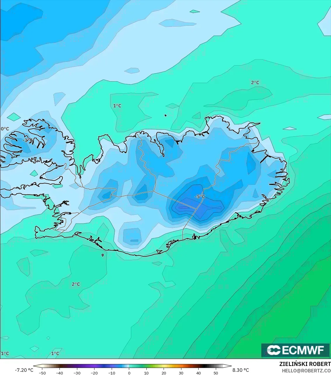 ECMWF IFS 0,25° modelo - Islândia, Ponto de orvalho a 2 m