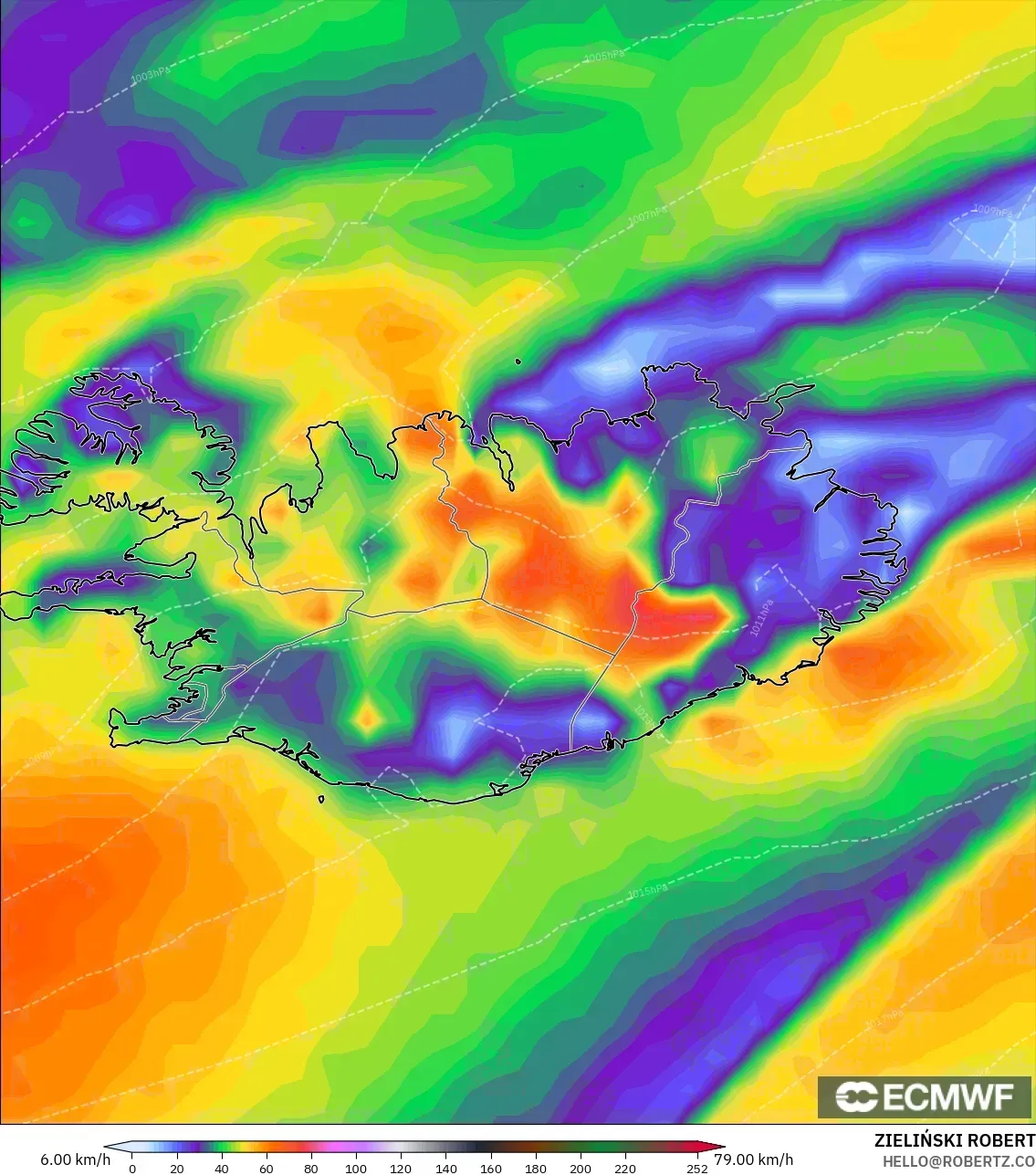ECMWF IFS 0,25° modelo - Islândia, Rajadas de vento