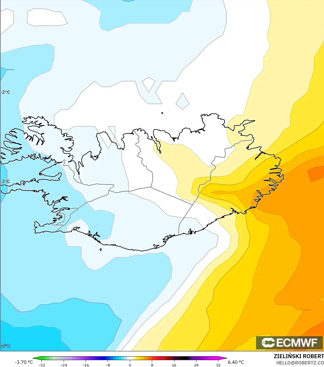 ECMWF IFS 0,25° modelo - Islândia, Anomalia de temperatura a 850 hPa