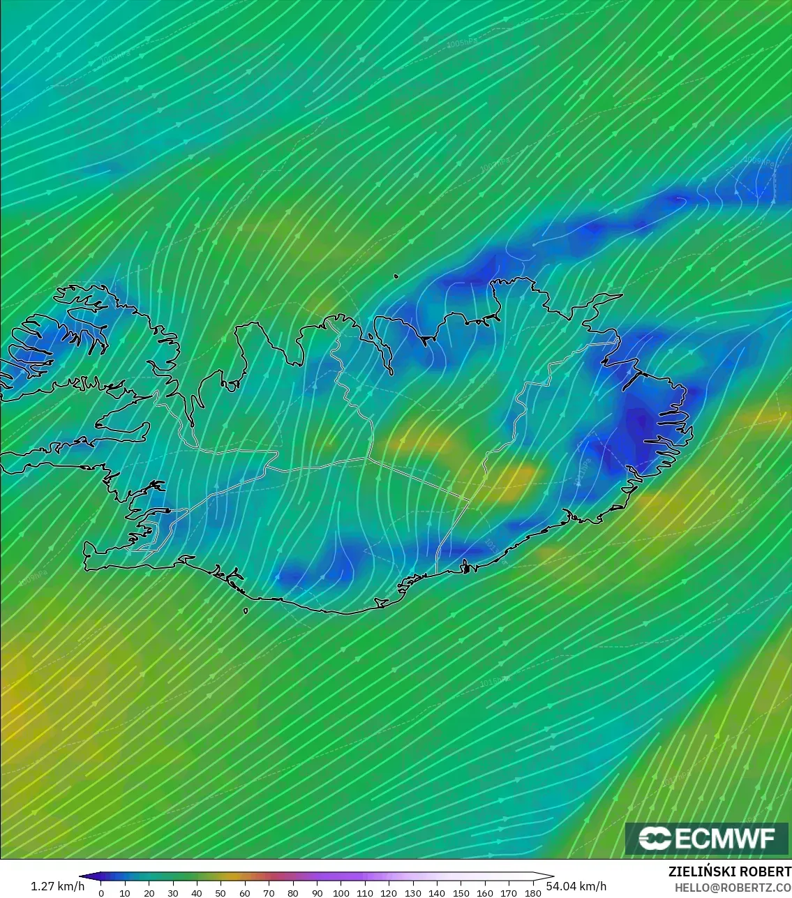 ECMWF IFS 0,25° modelo - Islândia, Vento a 10 m