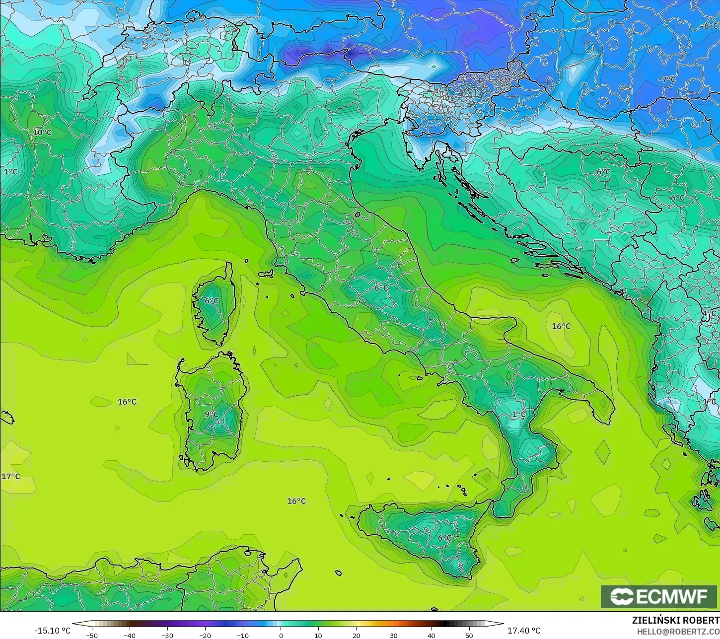 ECMWF IFS 0,25° modelo - Itália, Ponto de orvalho a 2 m