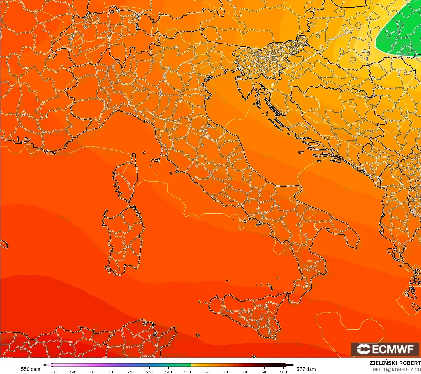 ECMWF IFS 0,25° modelo - Itália, Altura geopotencial a 500 hPa