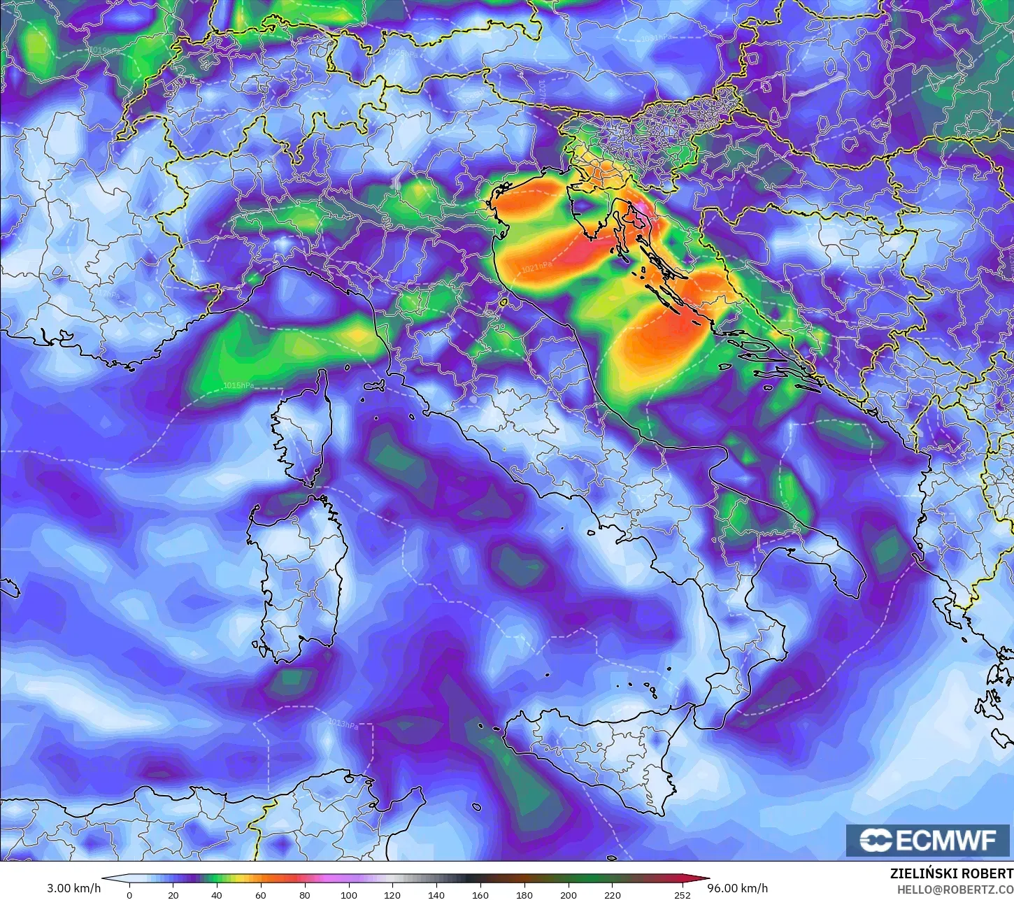 ECMWF IFS 0,25° modelo - Itália, Rajadas de vento