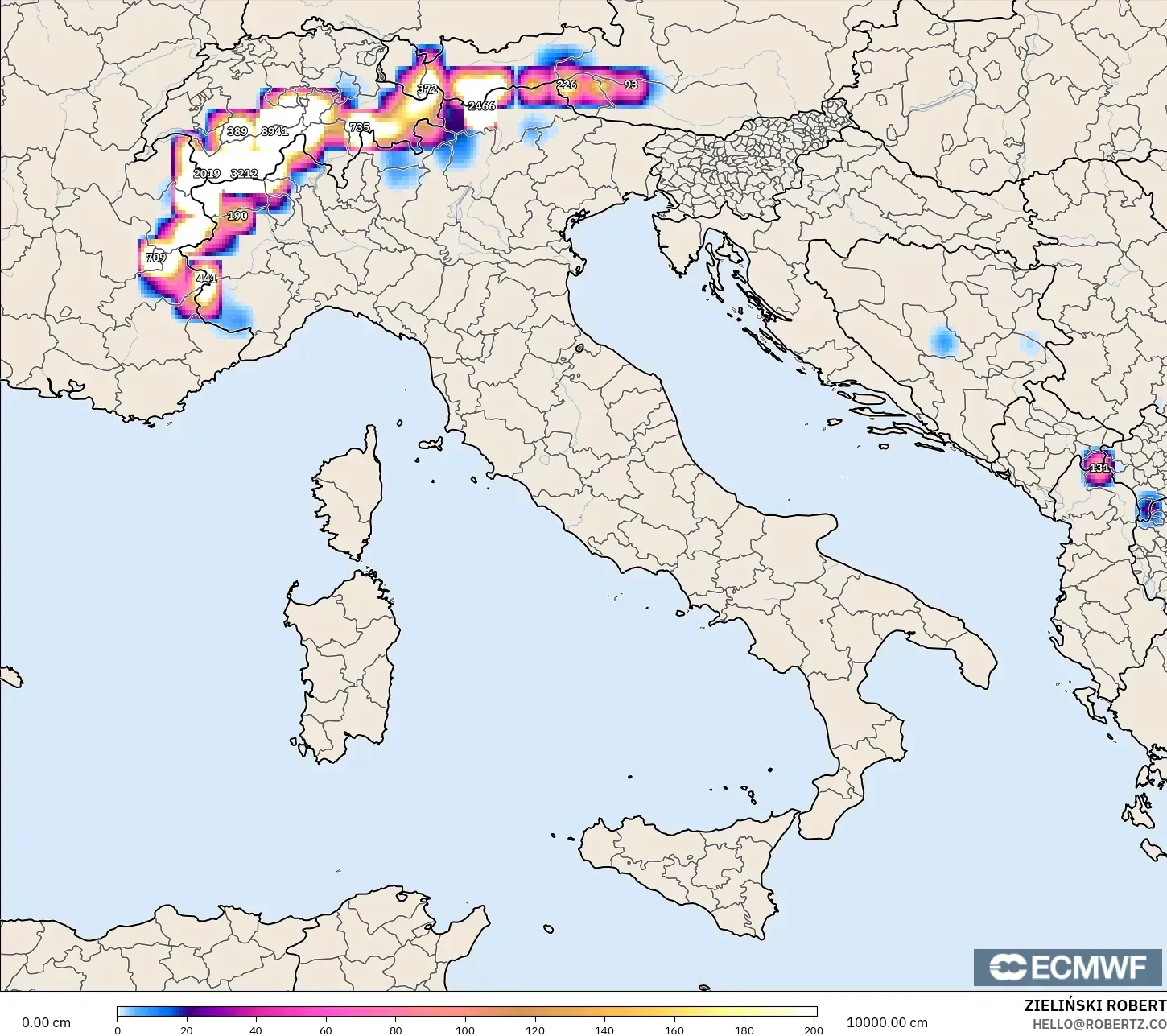 ECMWF IFS 0,25° modelo - Itália, Profundidade da neve