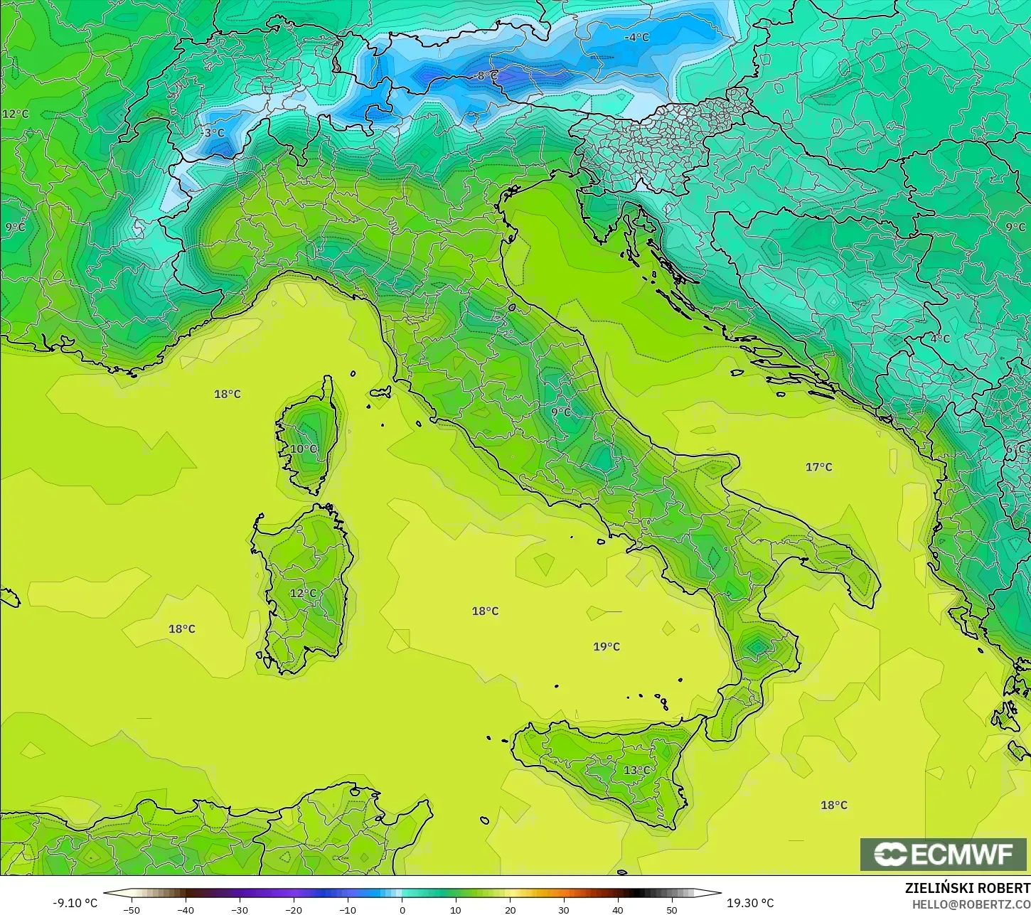ECMWF IFS 0,25° modelo - Itália, Temperatura a 2 m
