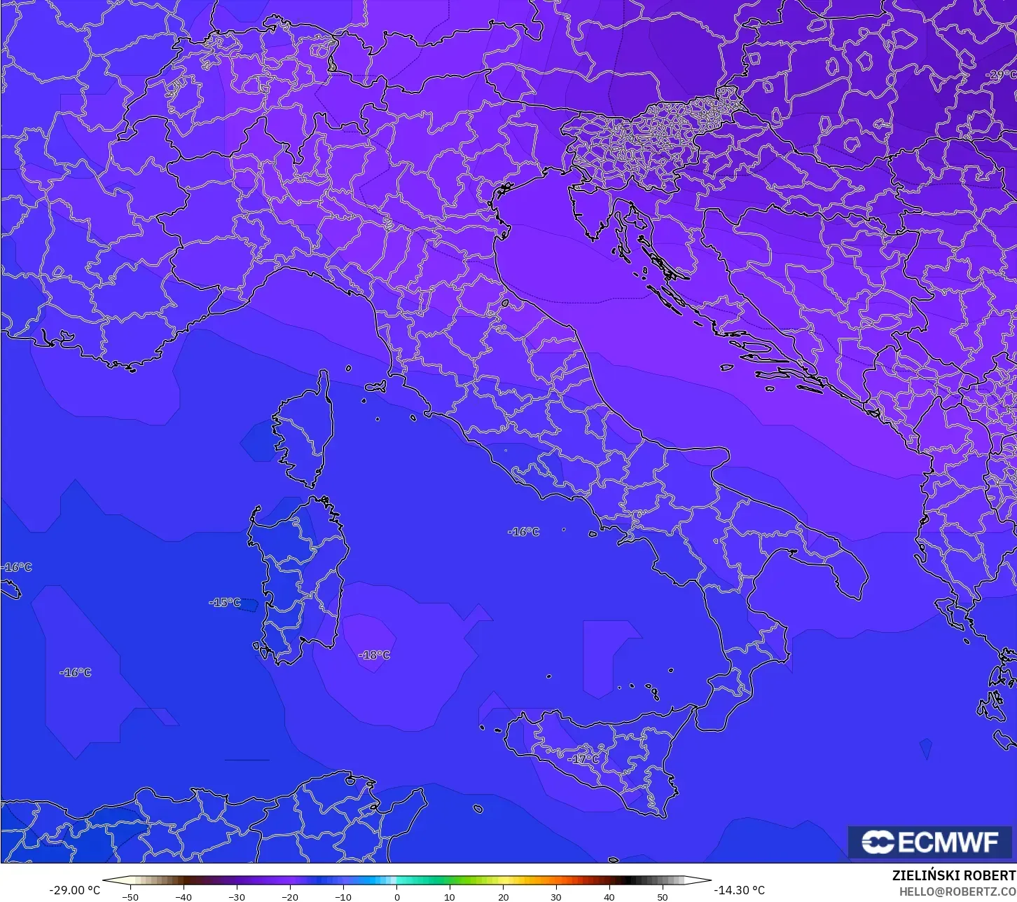 ECMWF IFS 0,25° modelo - Itália, Temperatura a 500 hPa
