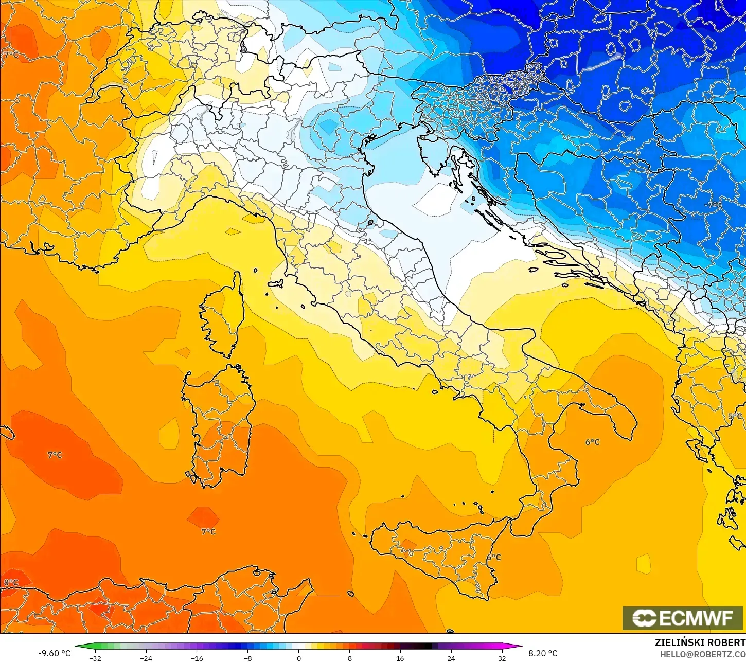 ECMWF IFS 0,25° modelo - Itália, Anomalia de temperatura a 850 hPa