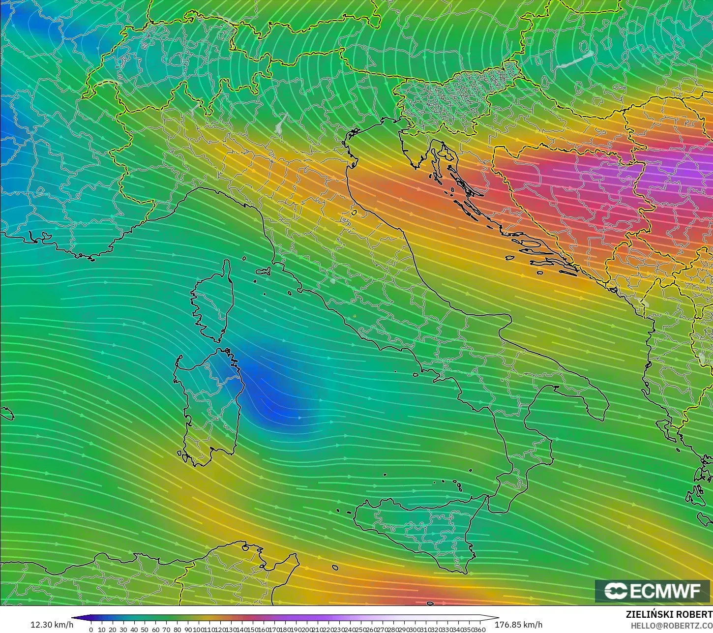 ECMWF IFS 0,25° modelo - Itália, Vento a 300 hPa (corrente em jato)
