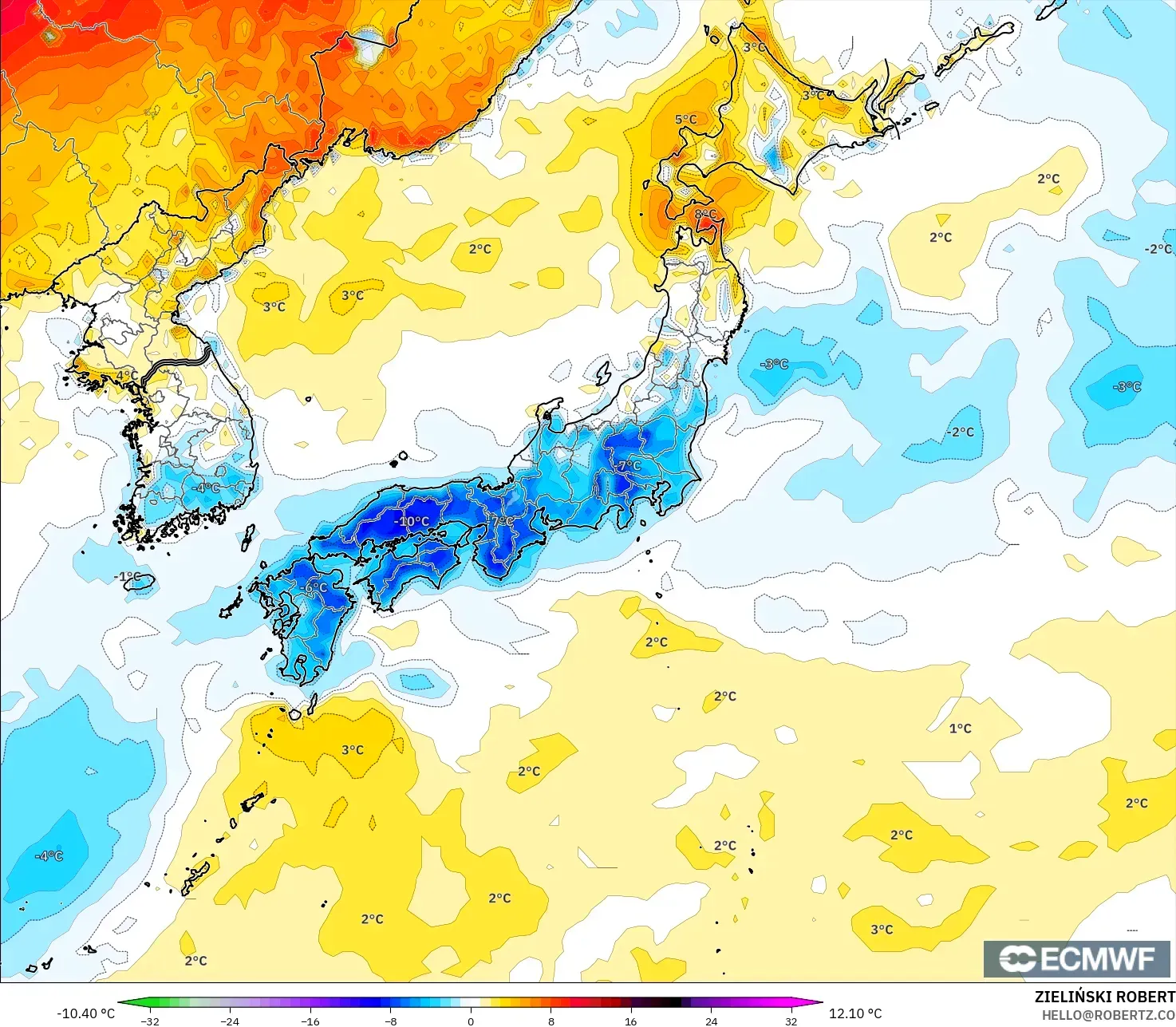 ECMWF IFS 0,25° modelo - Japão, Anomalia de temperatura a 2 m