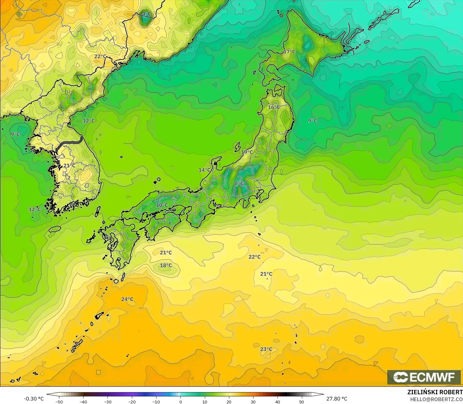 ECMWF IFS 0,25° modelo - Japão, Temperatura a 2 m