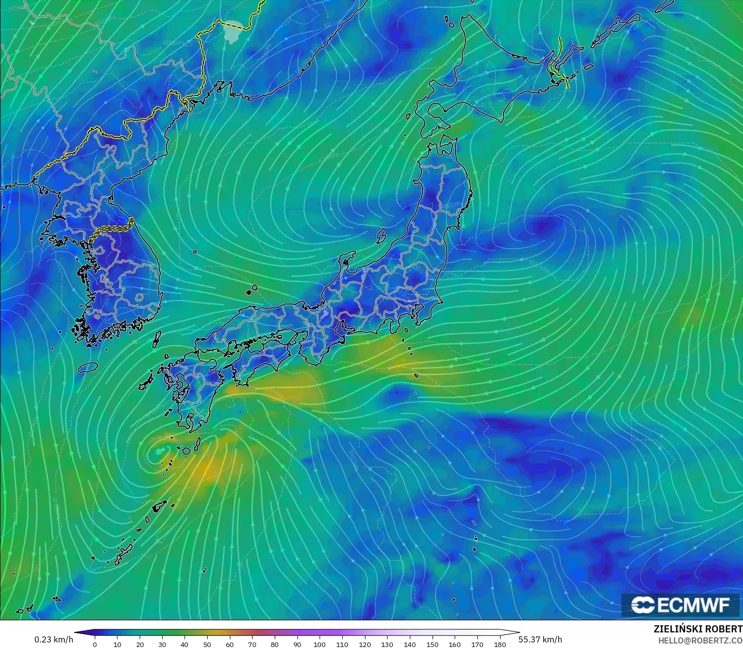 ECMWF IFS 0,25° modelo - Japão, Vento a 10 m
