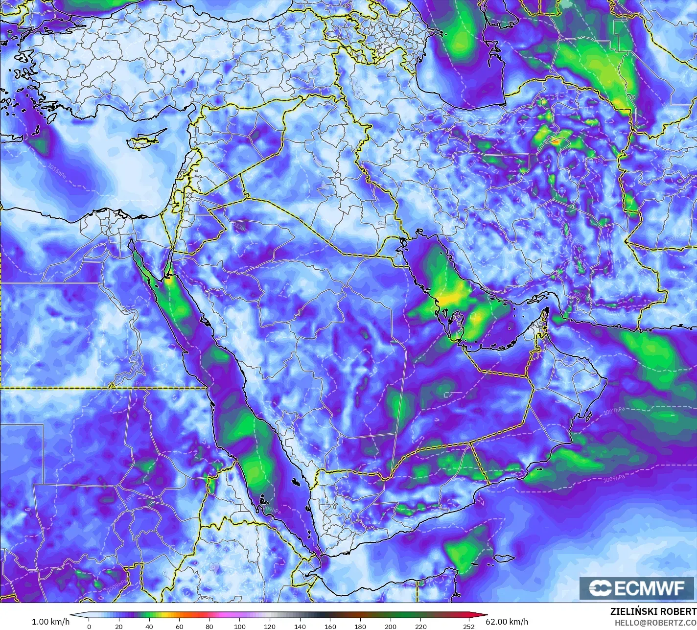 ECMWF IFS 0,25° modelo - Oriente Médio, Rajadas de vento