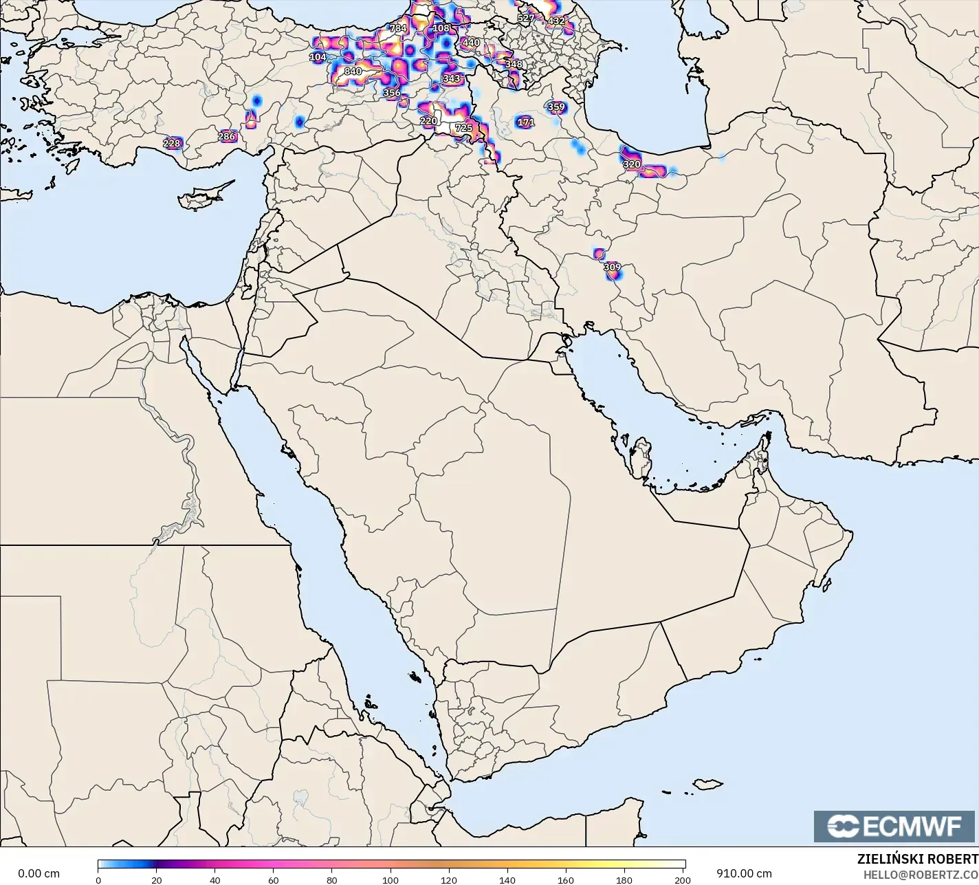 ECMWF IFS 0,25° modelo - Oriente Médio, Profundidade da neve