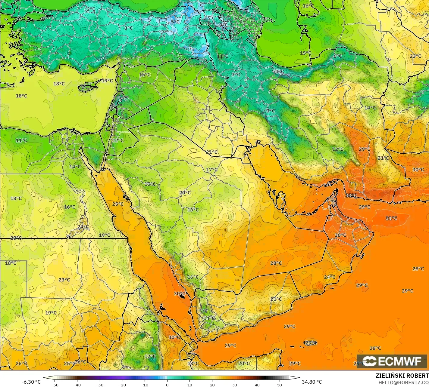 ECMWF IFS 0,25° modelo - Oriente Médio, Temperatura a 2 m