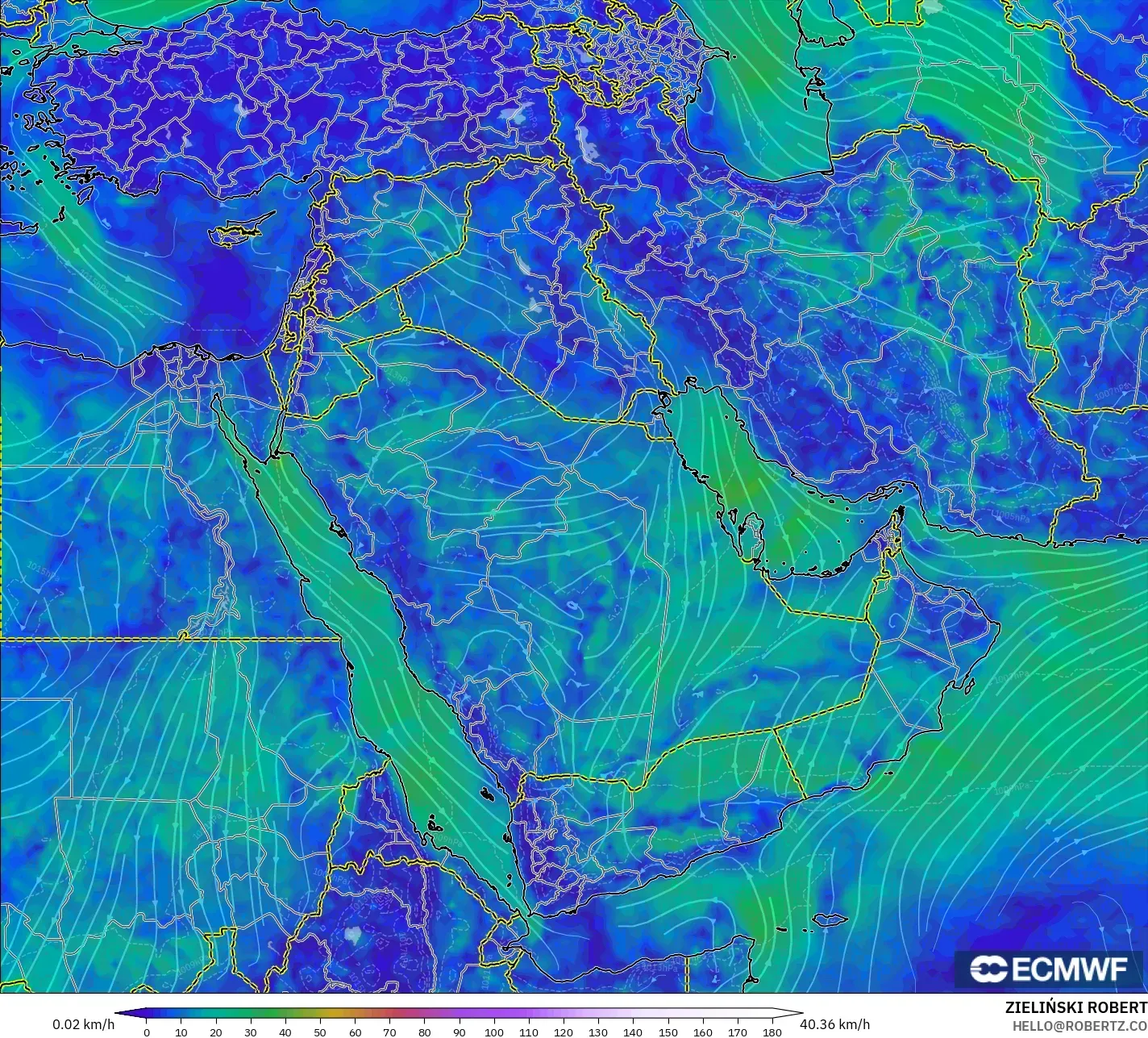 ECMWF IFS 0,25° modelo - Oriente Médio, Vento a 10 m