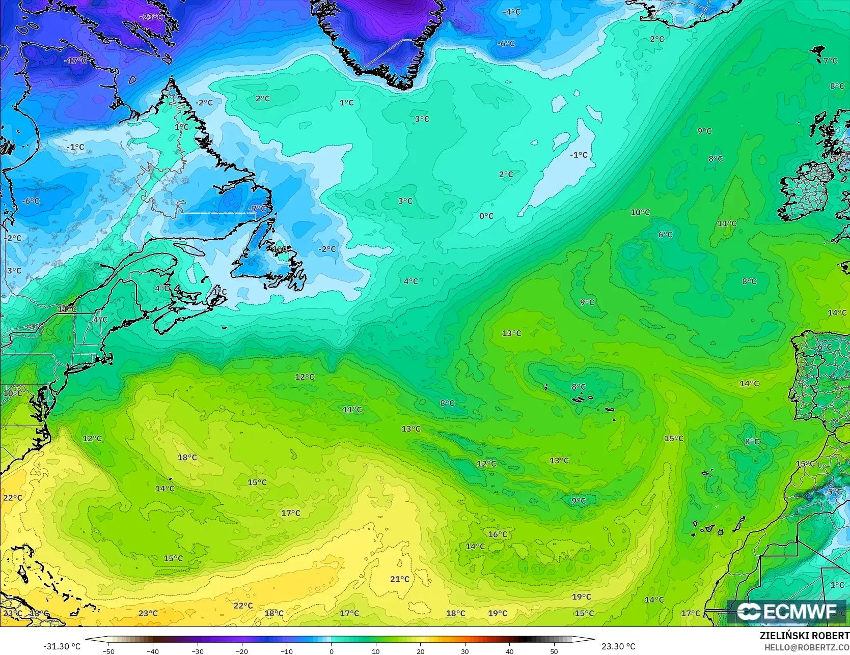 ECMWF IFS 0,25° modelo - Atlântico Norte, Ponto de orvalho a 2 m