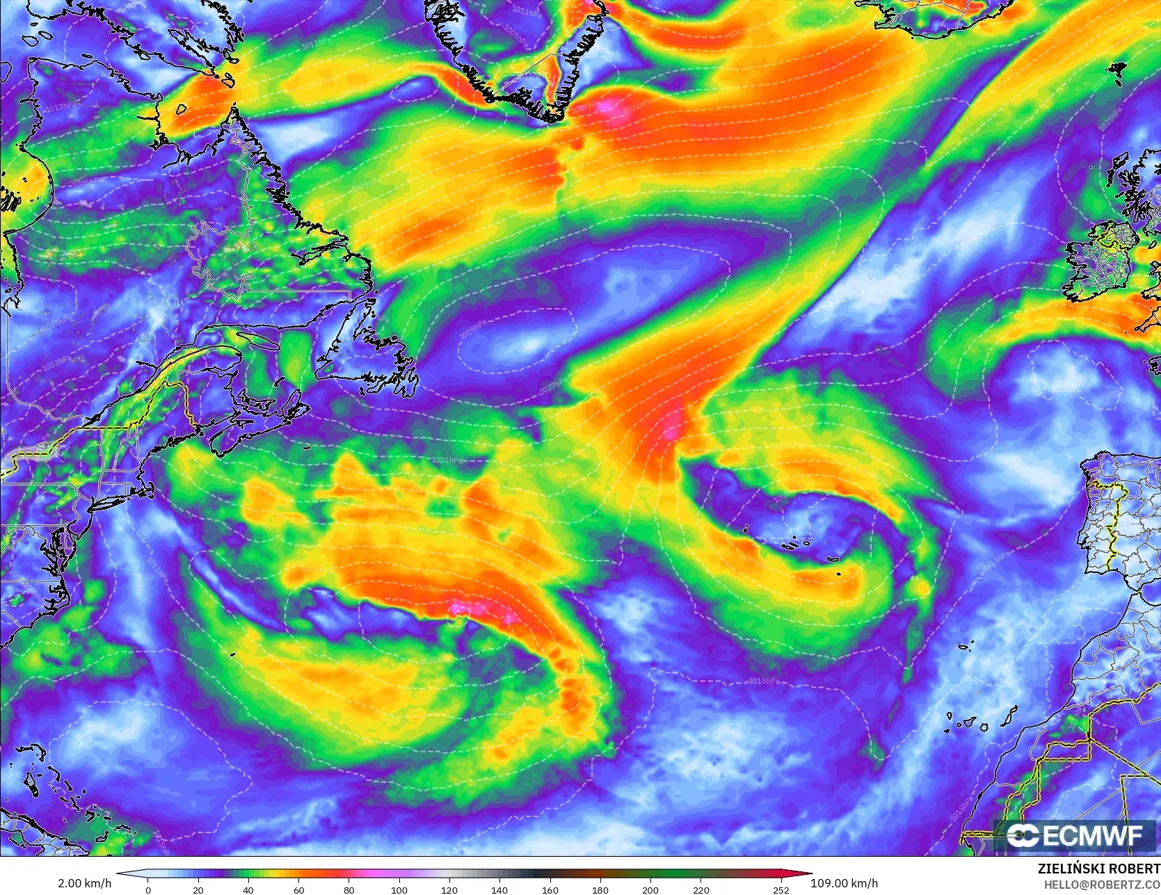 ECMWF IFS 0,25° modelo - Atlântico Norte, Rajadas de Vento Máximas