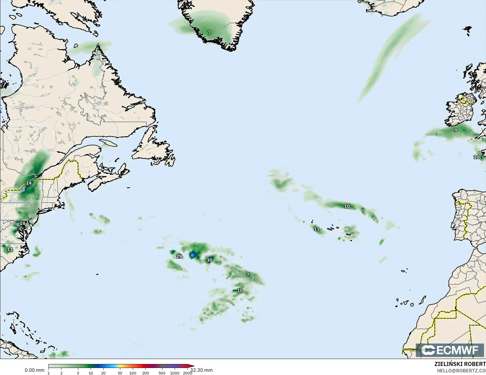 ECMWF IFS 0,25° modelo - Atlântico Norte, Acúmulo de precipitação