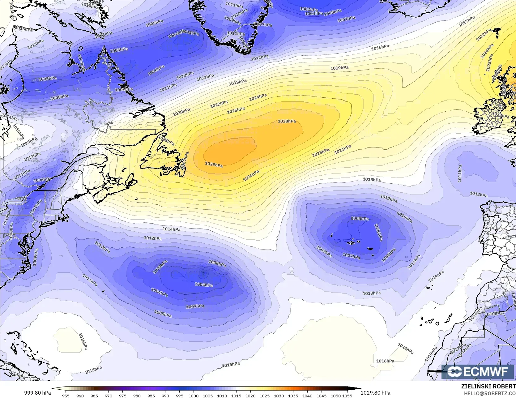 ECMWF IFS 0,25° modelo - Atlântico Norte, Pressão
