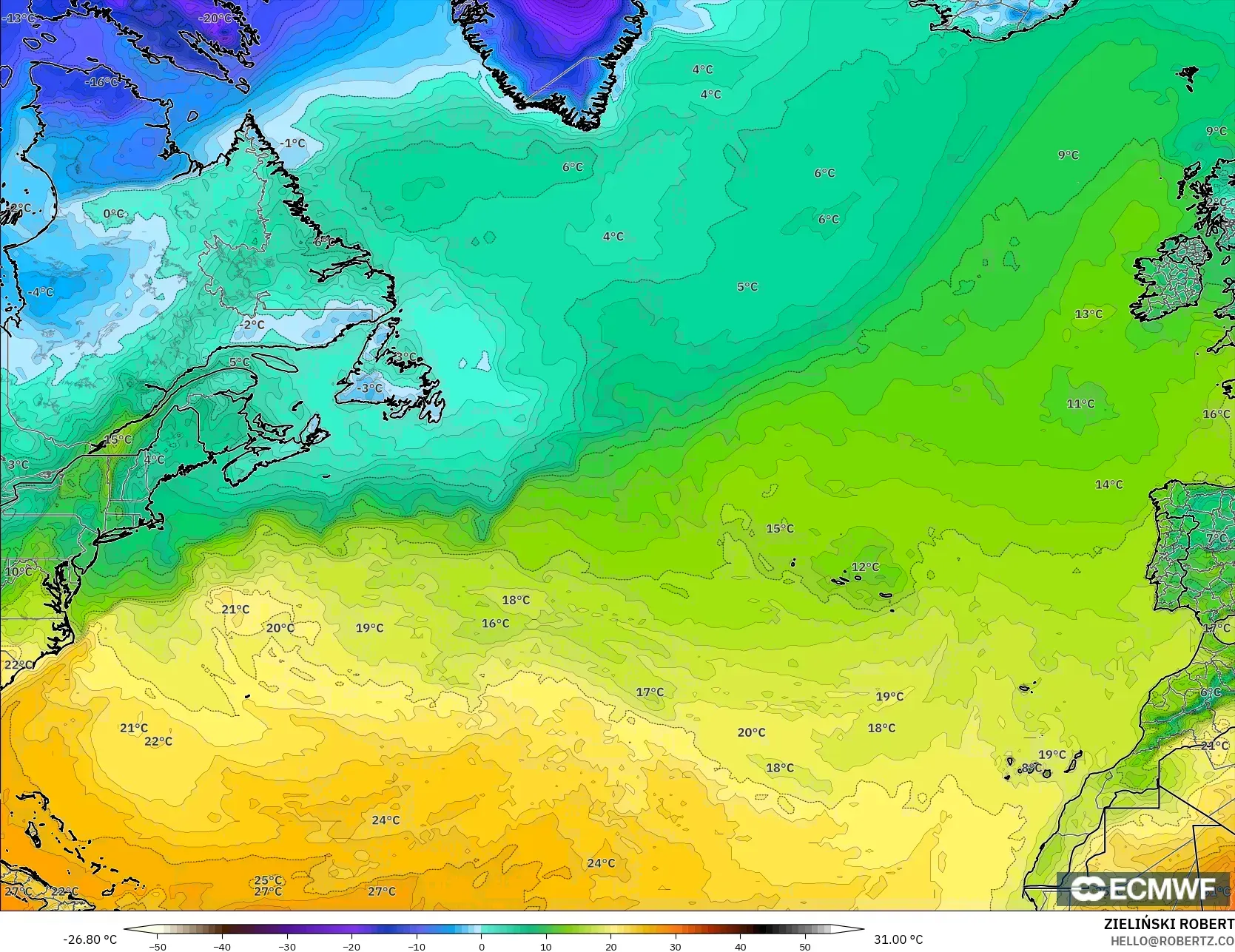 ECMWF IFS 0,25° modelo - Atlântico Norte, Temperatura a 2 m