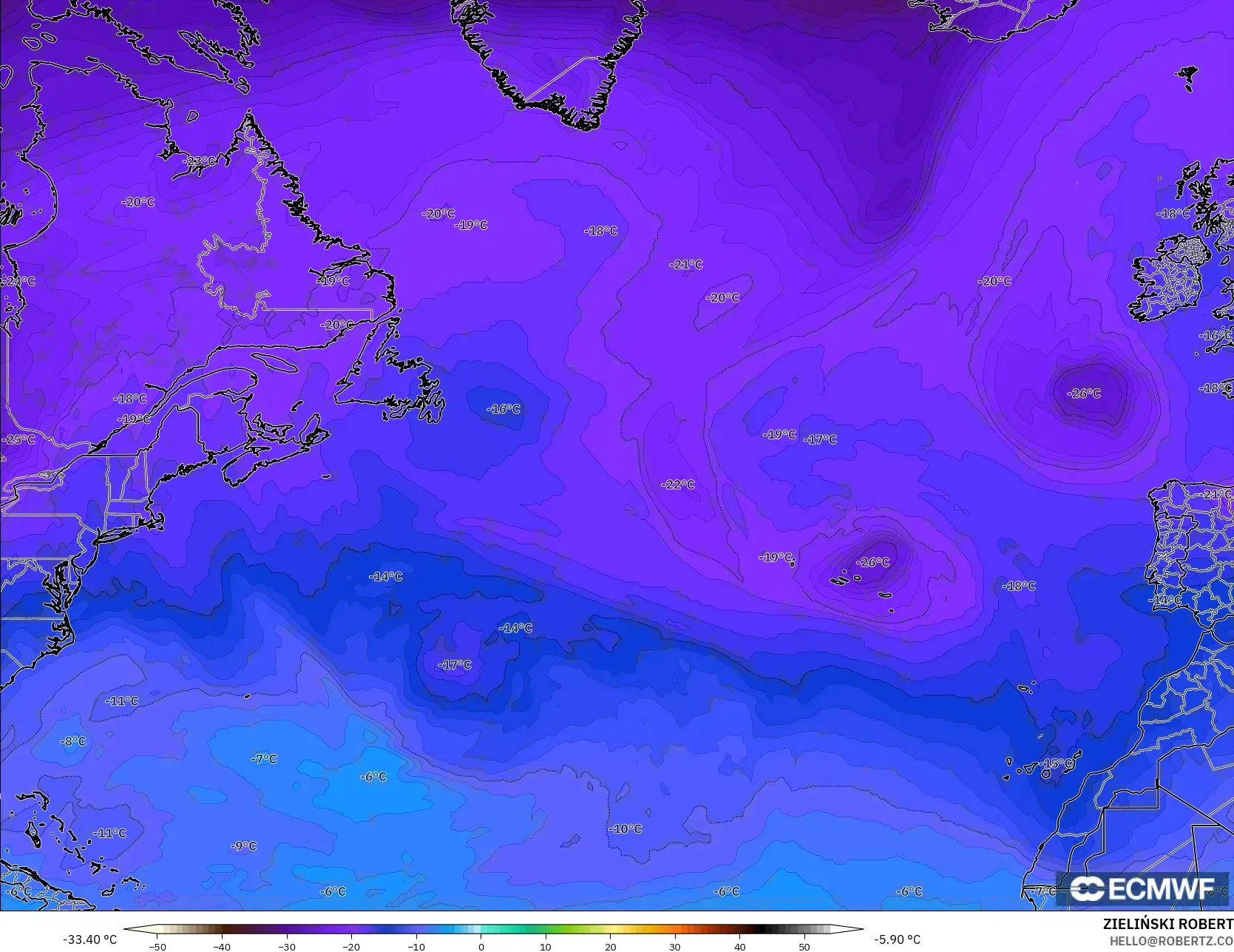 ECMWF IFS 0,25° modelo - Atlântico Norte, Temperatura a 500 hPa