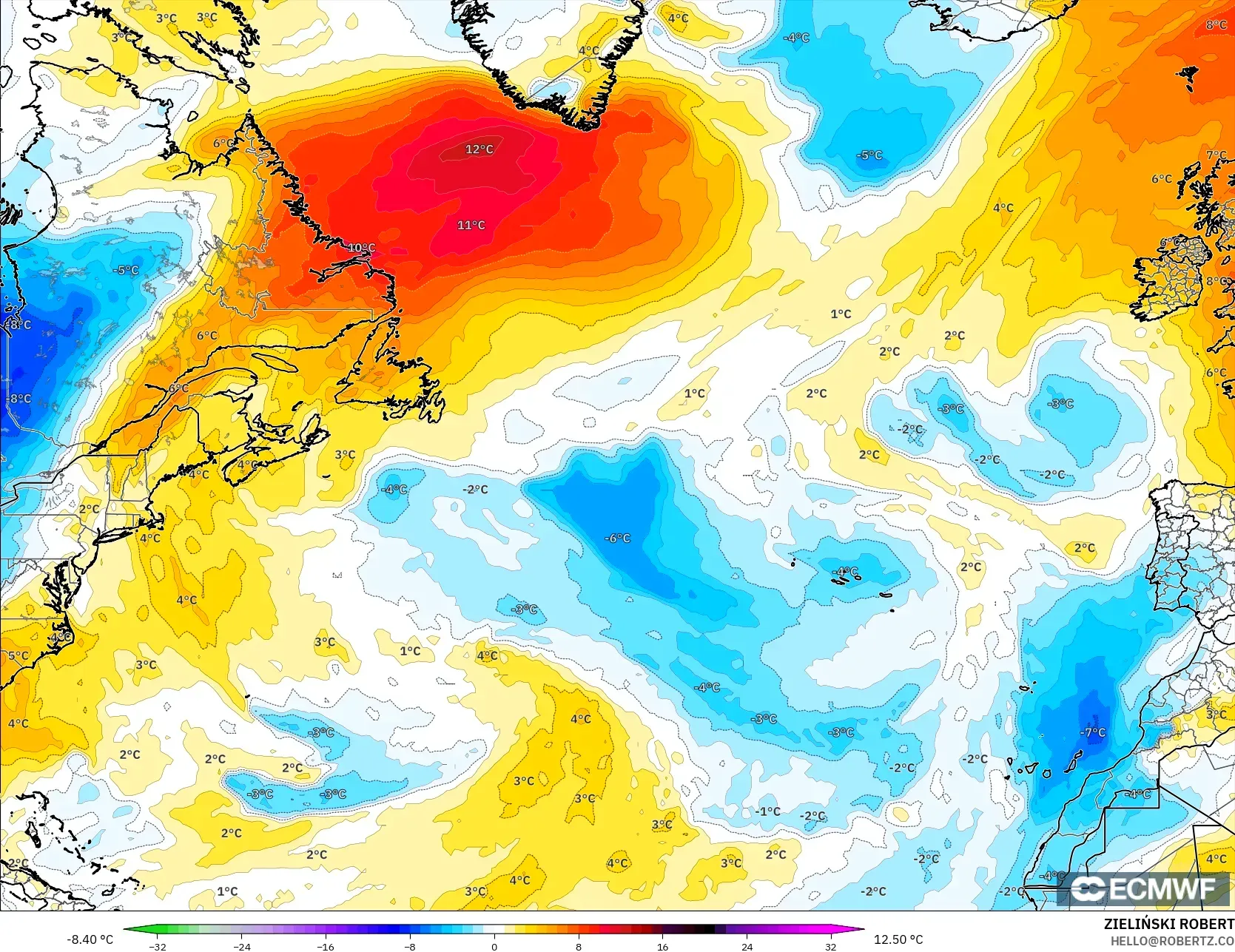 ECMWF IFS 0,25° modelo - Atlântico Norte, Anomalia de temperatura a 850 hPa