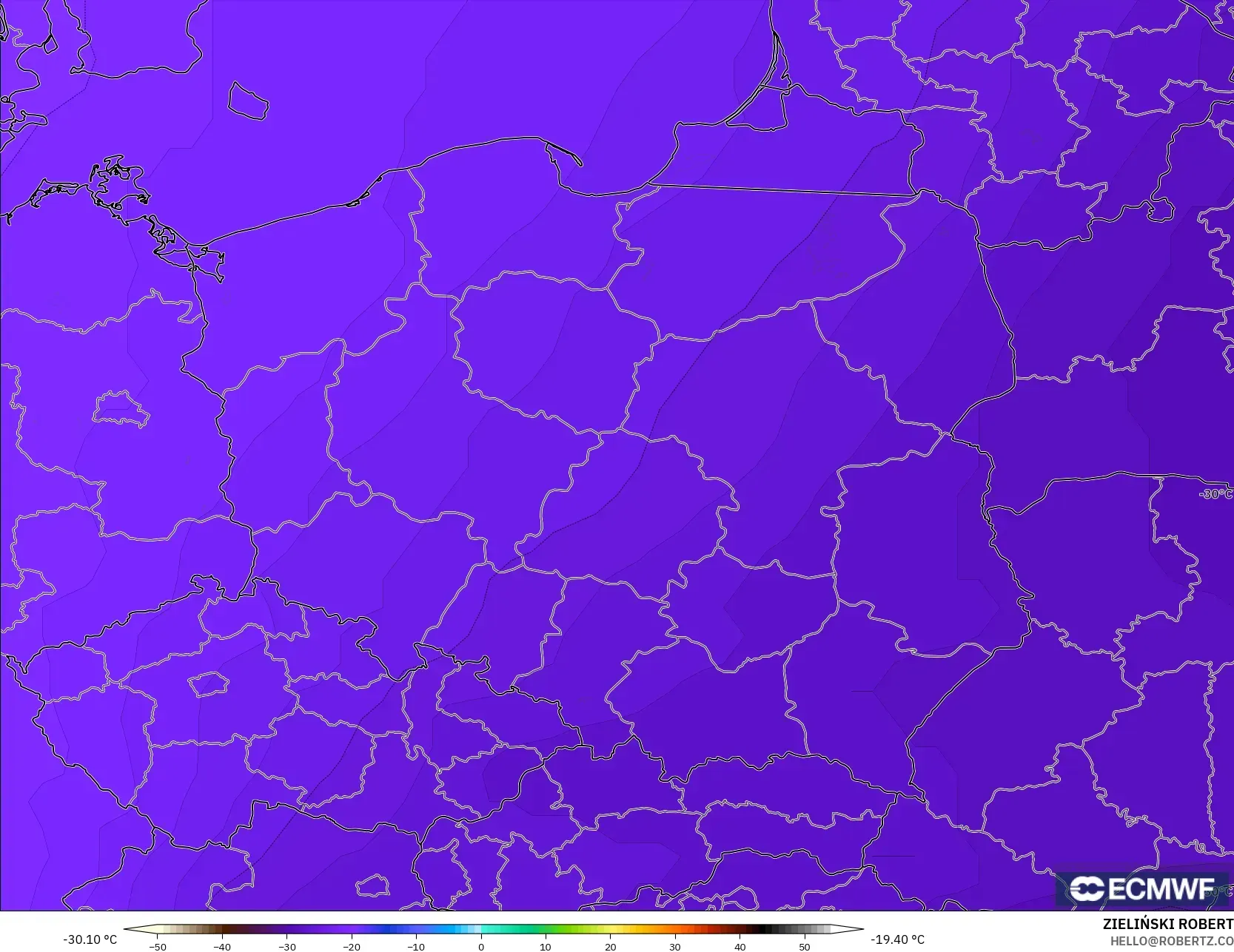 ECMWF IFS 0,25° modelo - Polônia, Temperatura a 500 hPa