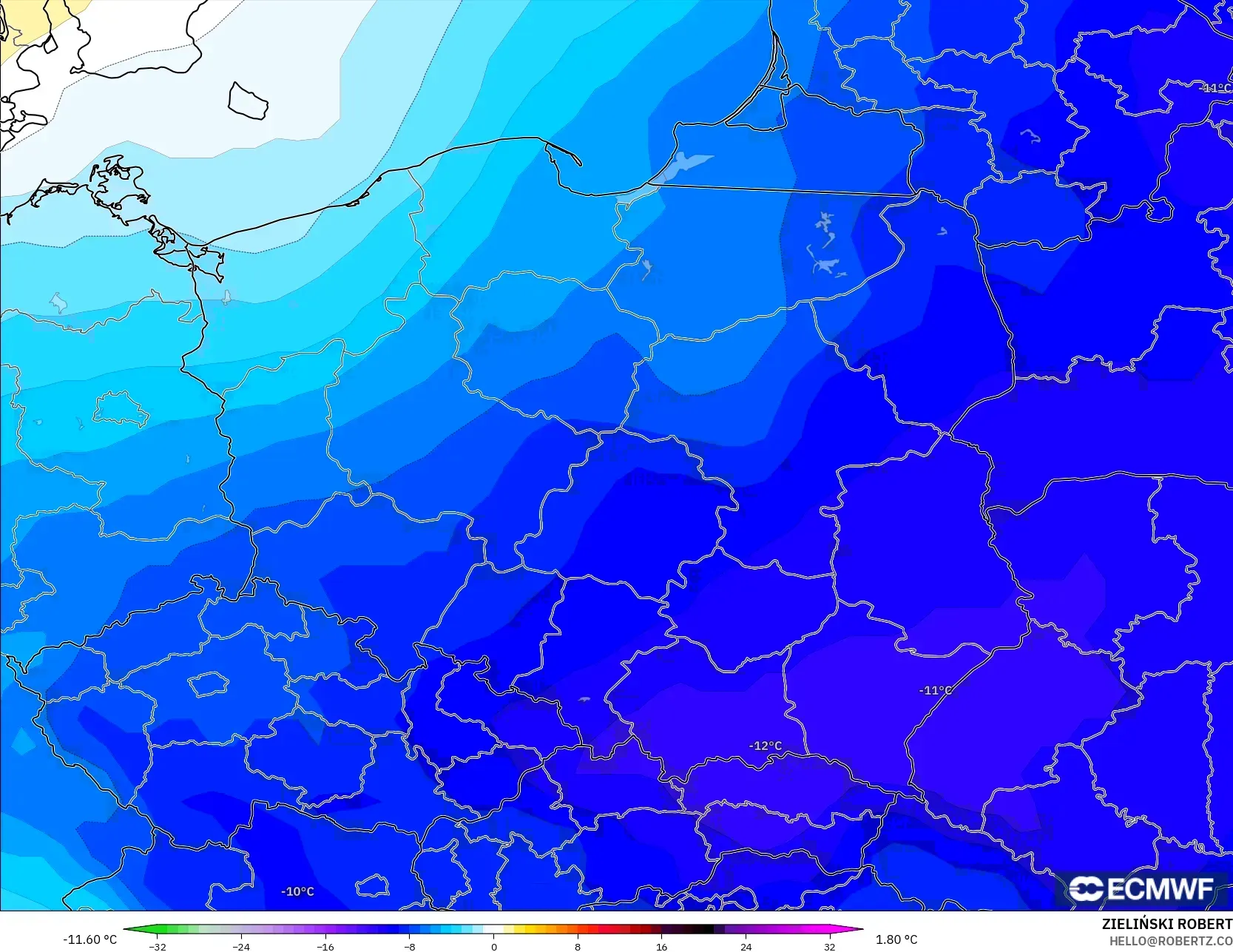 ECMWF IFS 0,25° modelo - Polônia, Anomalia de temperatura a 850 hPa