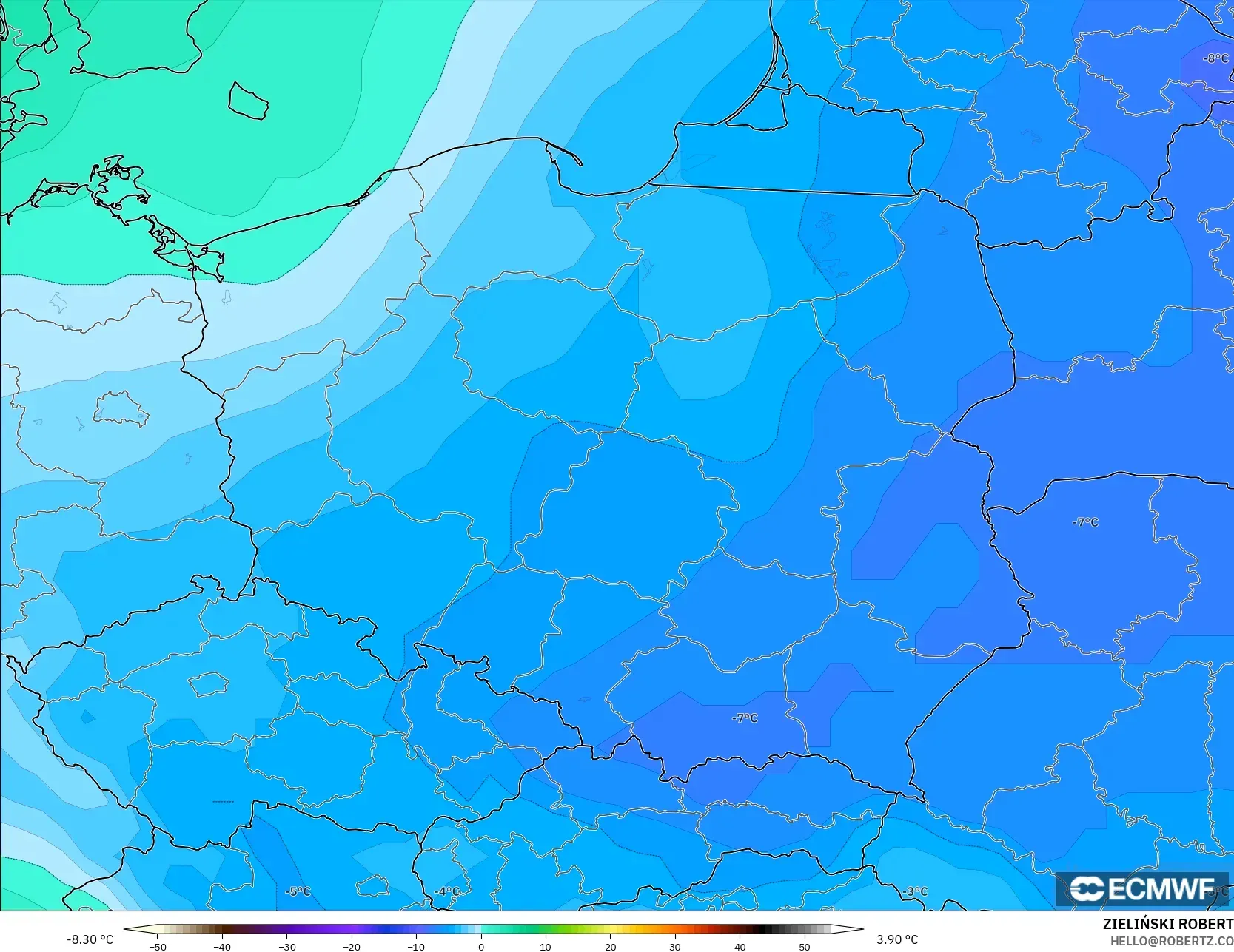 ECMWF IFS 0,25° modelo - Polônia, Temperatura a 850 hPa
