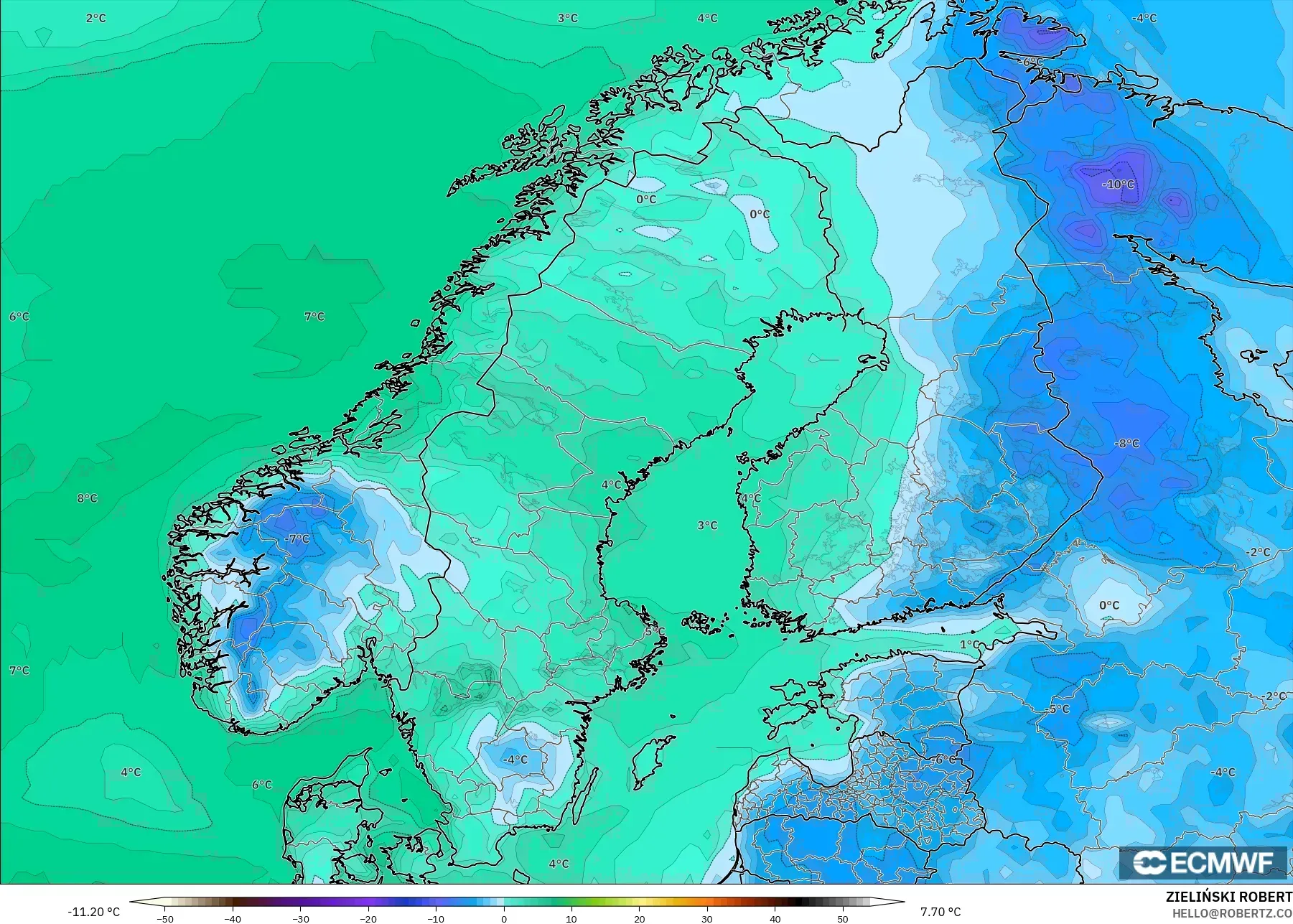 ECMWF IFS 0,25° modelo - Escandinávia, Ponto de orvalho a 2 m
