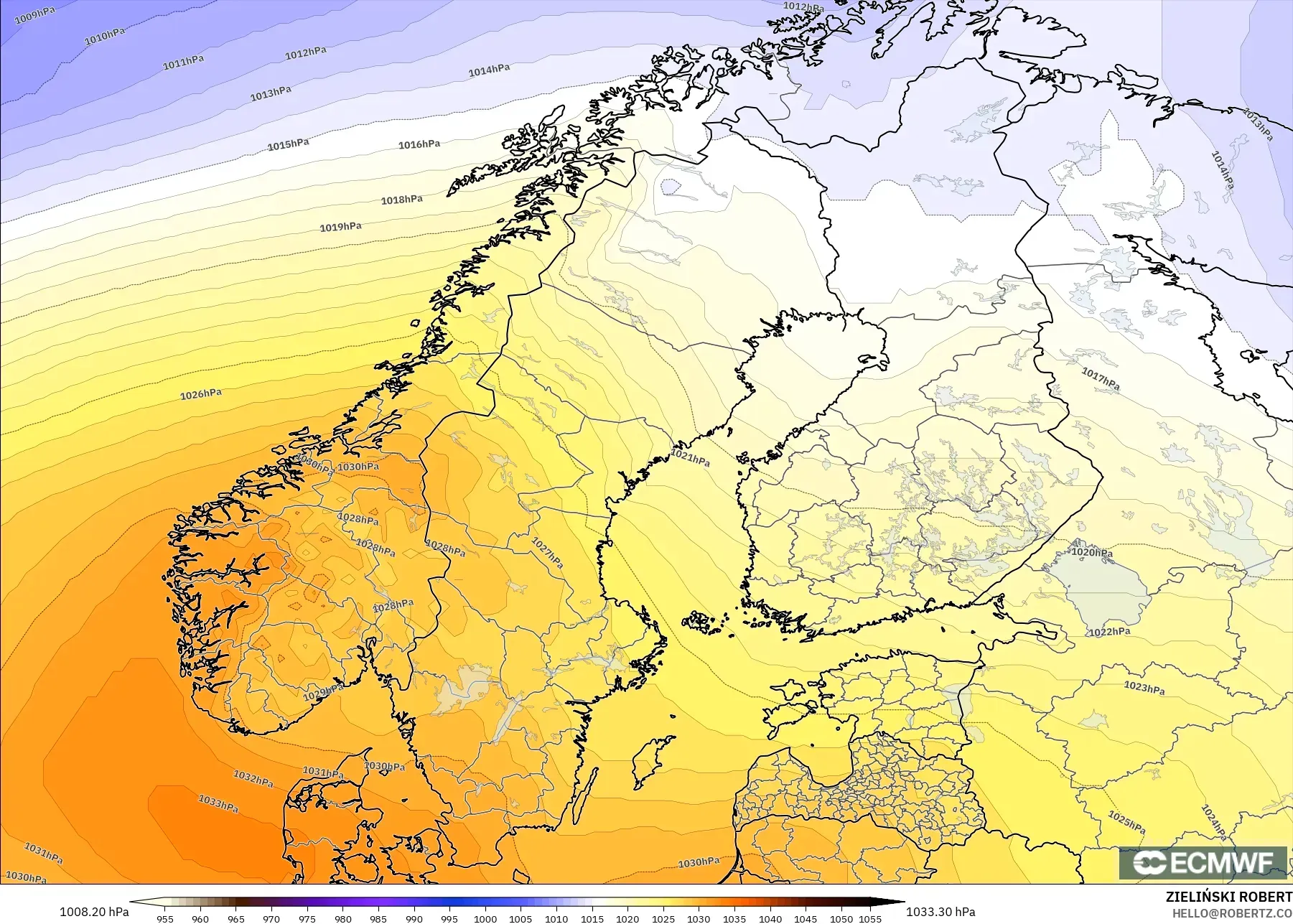 ECMWF IFS 0,25° modelo - Escandinávia, Pressão