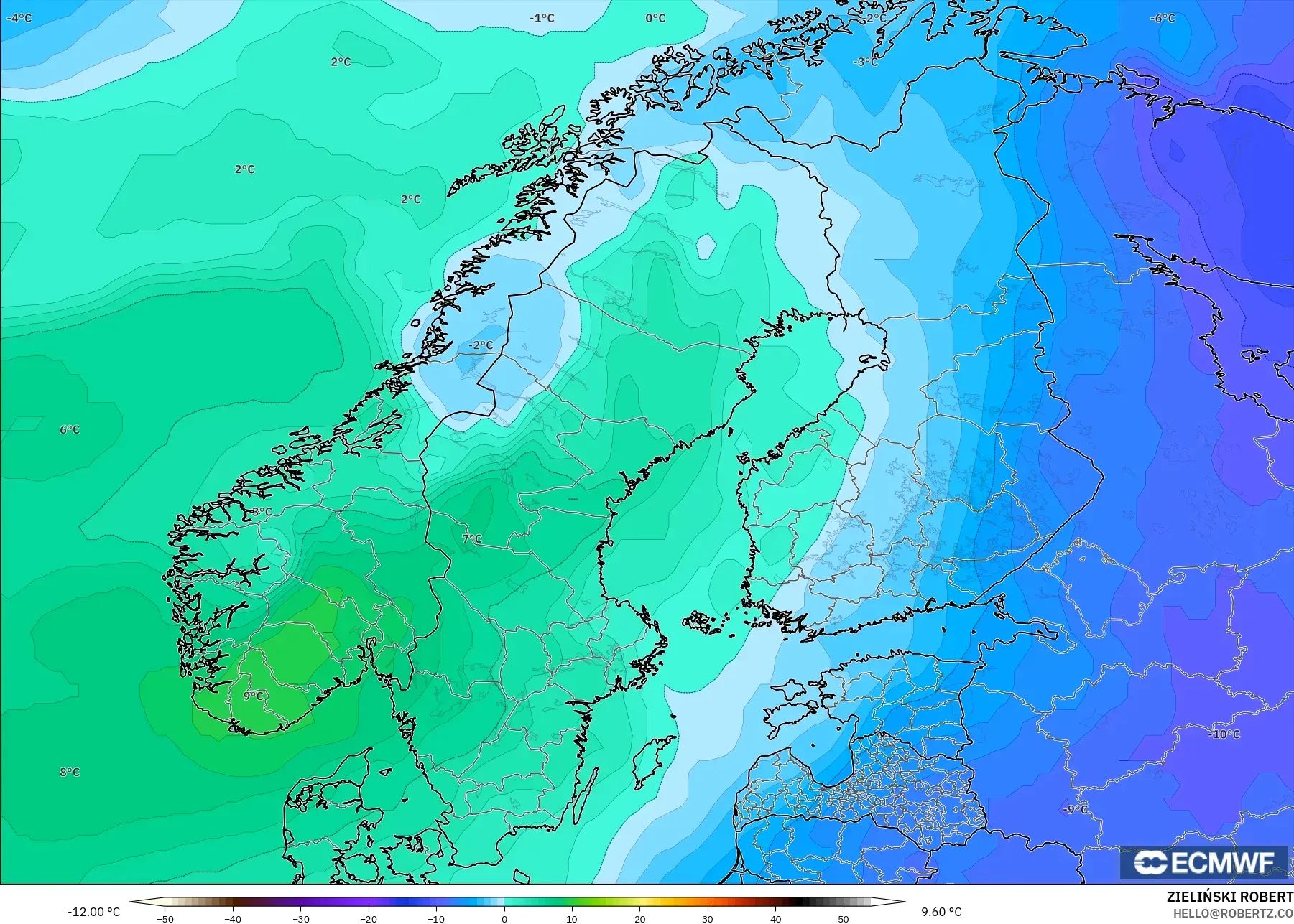 ECMWF IFS 0,25° modelo - Escandinávia, Temperatura a 850 hPa