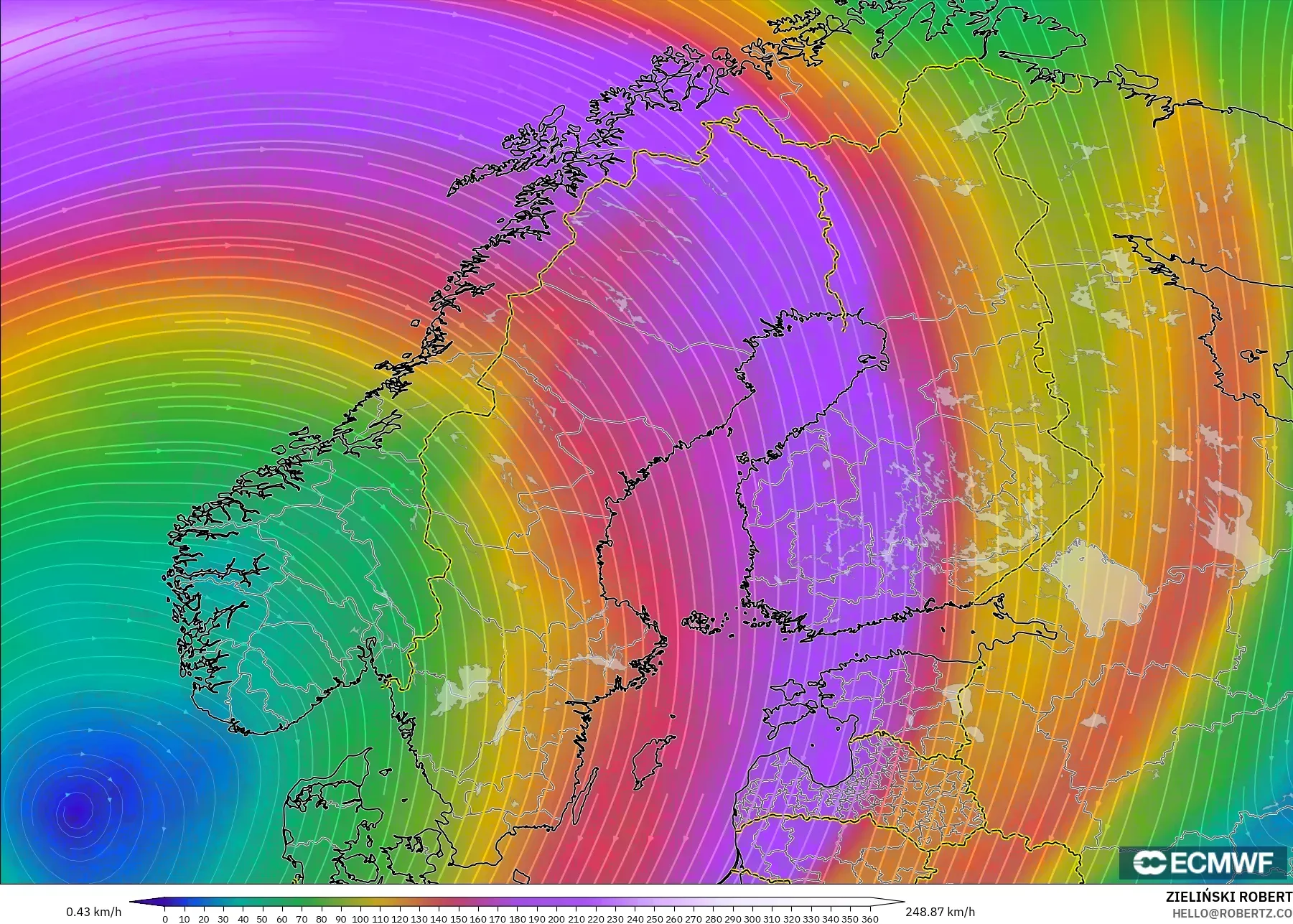 ECMWF IFS 0,25° modelo - Escandinávia, Vento a 300 hPa (corrente em jato)