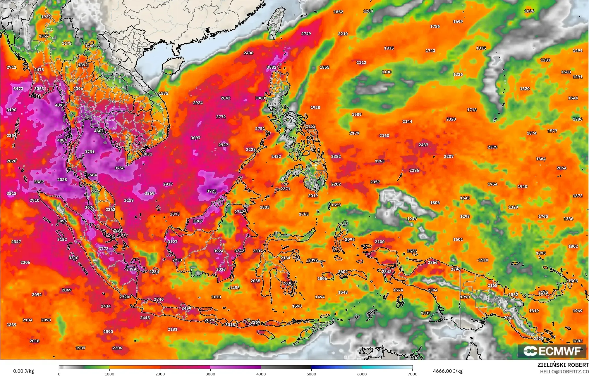 ECMWF IFS 0,25° modelo - Sudeste Asiático, CAPE