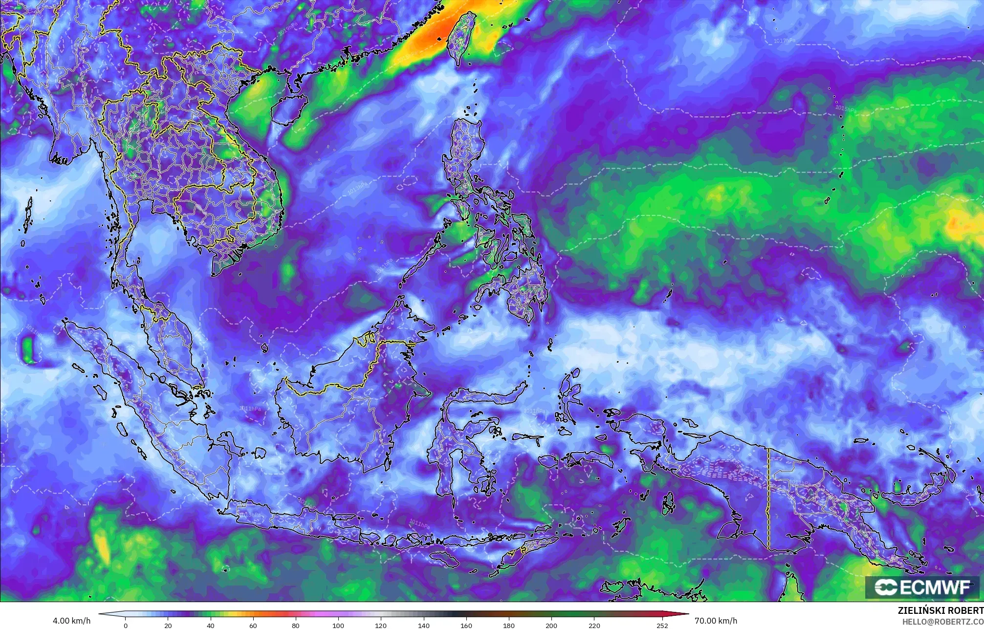ECMWF IFS 0,25° modelo - Sudeste Asiático, Rajadas de Vento Máximas