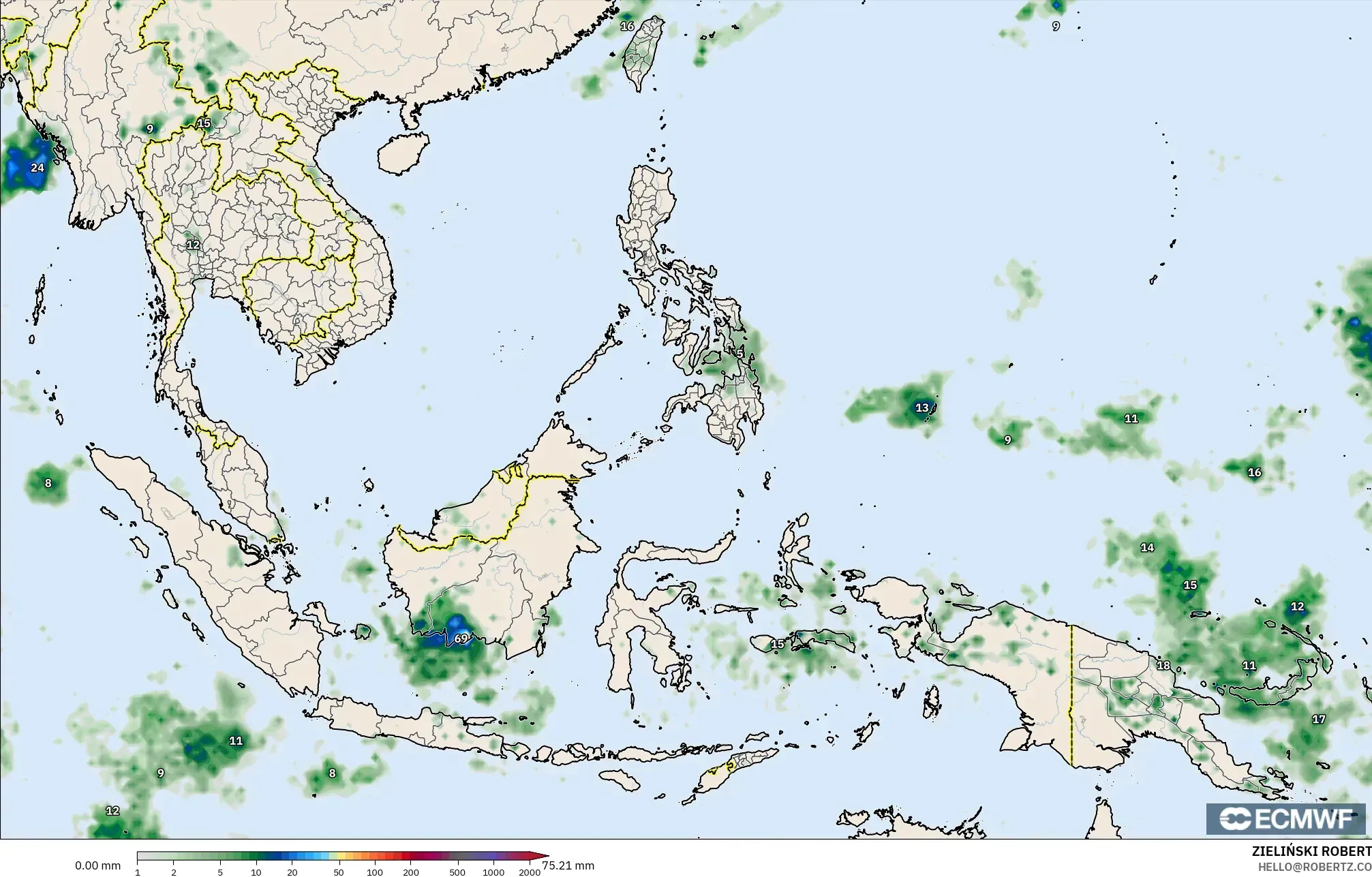 ECMWF IFS 0,25° modelo - Sudeste Asiático, Acúmulo de precipitação