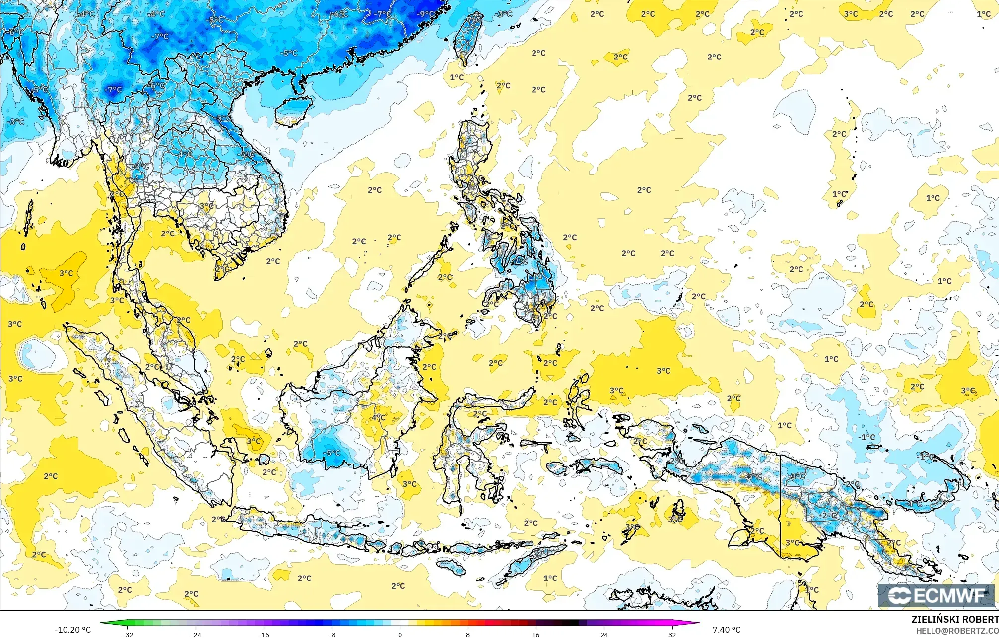 ECMWF IFS 0,25° modelo - Sudeste Asiático, Anomalia de temperatura a 2 m
