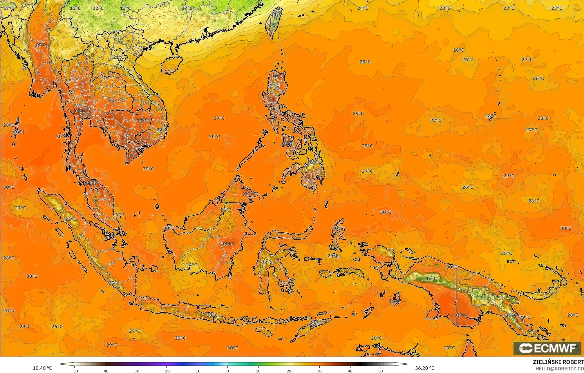 ECMWF IFS 0,25° modelo - Sudeste Asiático, Temperatura a 2 m