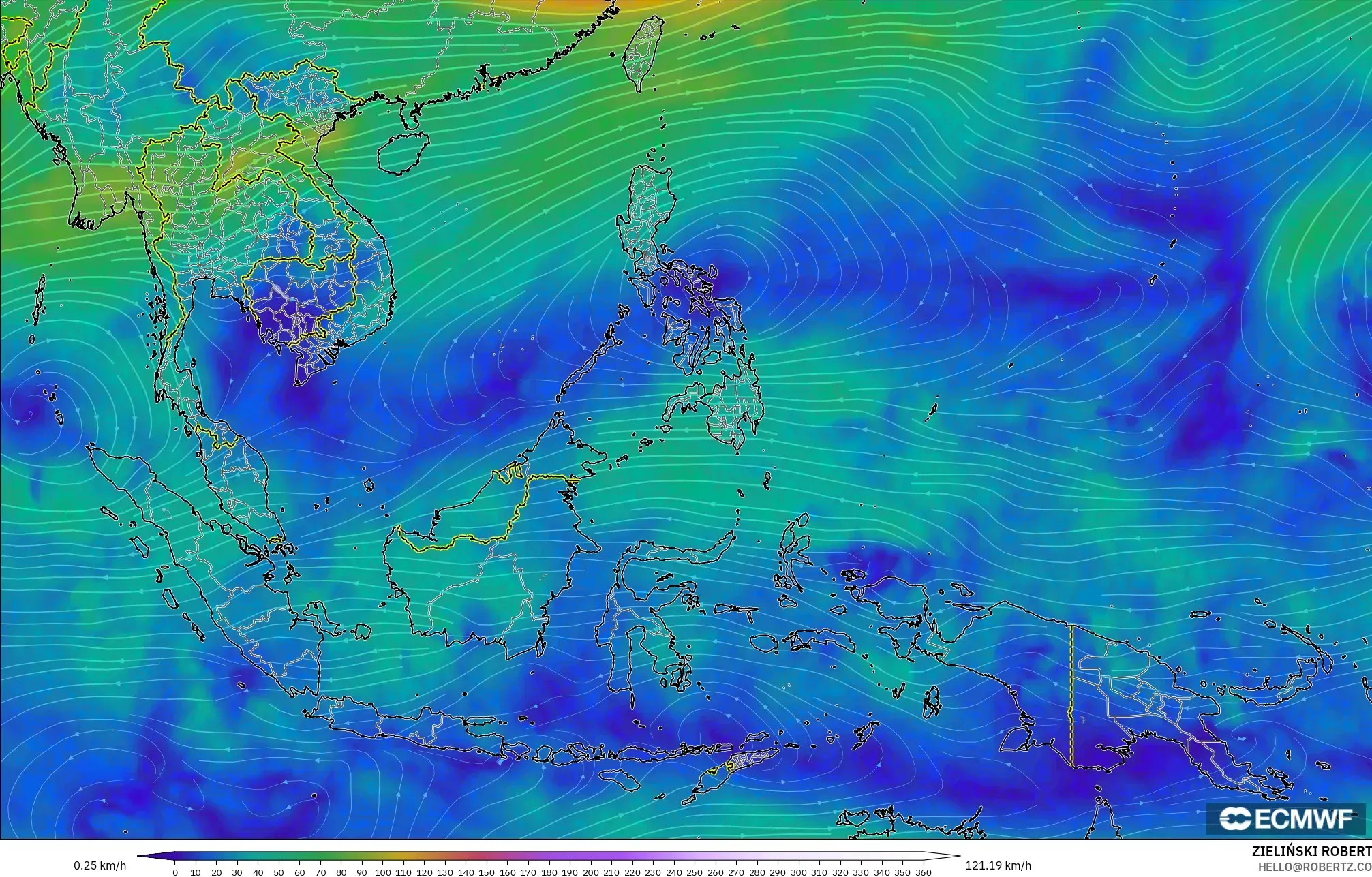 ECMWF IFS 0,25° modelo - Sudeste Asiático, Vento a 300 hPa (corrente em jato)