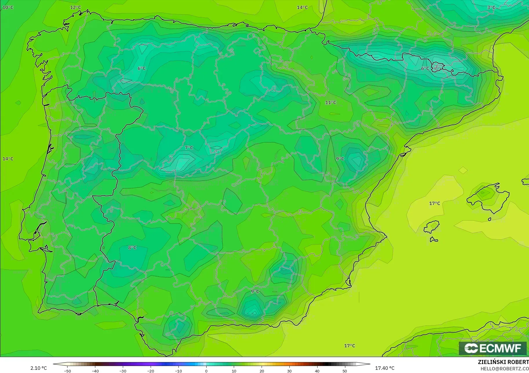 ECMWF IFS 0,25° modelo - Espanha, Ponto de orvalho a 2 m