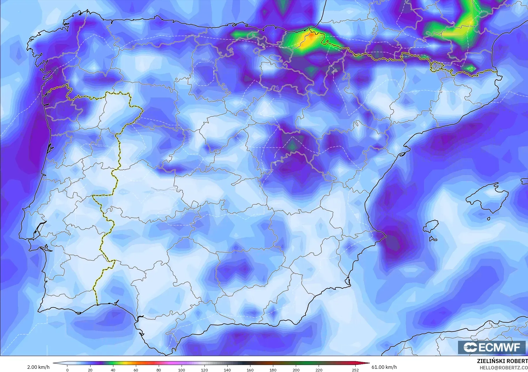 ECMWF IFS 0,25° modelo - Espanha, Rajadas de Vento Máximas