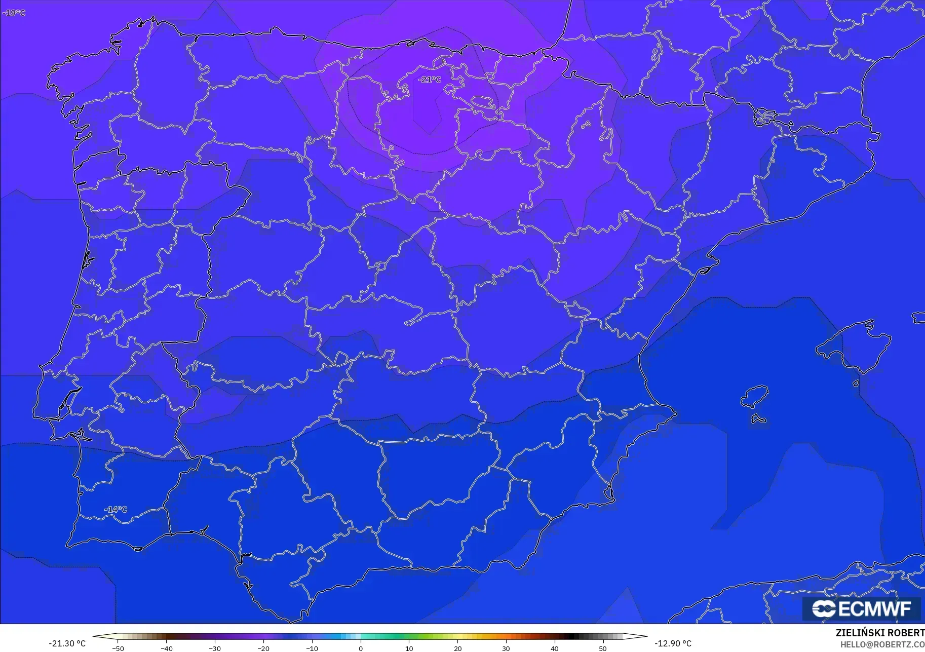 ECMWF IFS 0,25° modelo - Espanha, Temperatura a 500 hPa