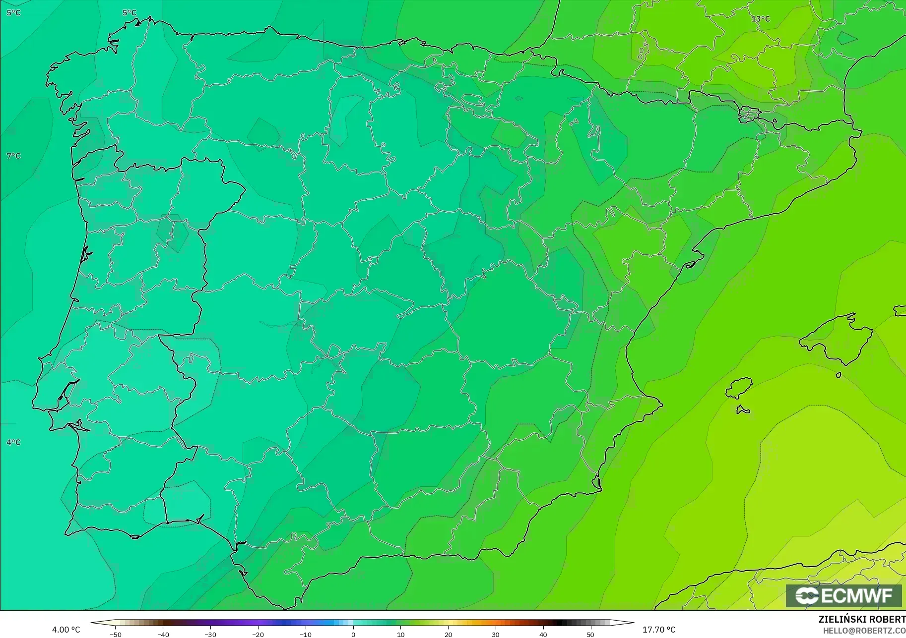 ECMWF IFS 0,25° modelo - Espanha, Temperatura a 850 hPa