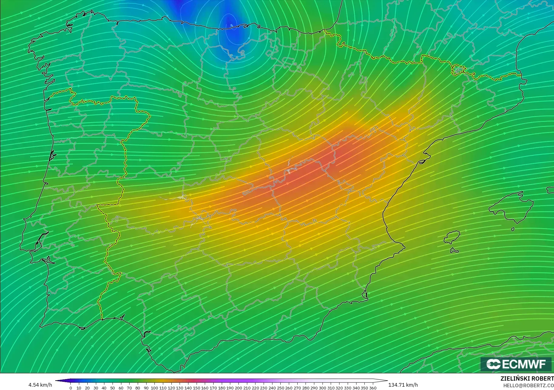 ECMWF IFS 0,25° modelo - Espanha, Vento a 300 hPa (corrente em jato)
