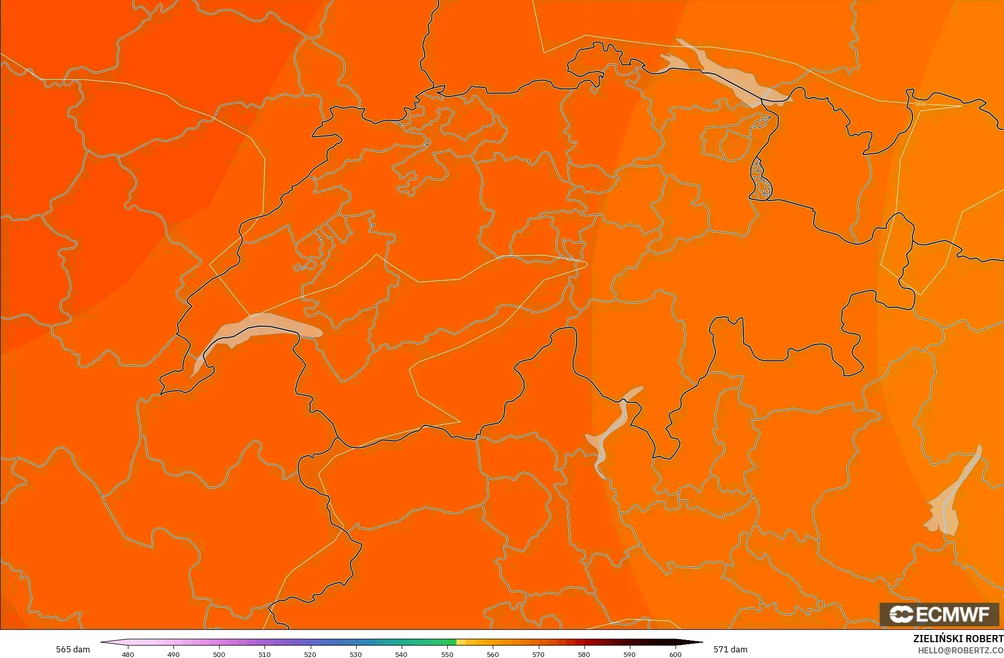 ECMWF IFS 0,25° modelo - Suíça, Altura geopotencial a 500 hPa