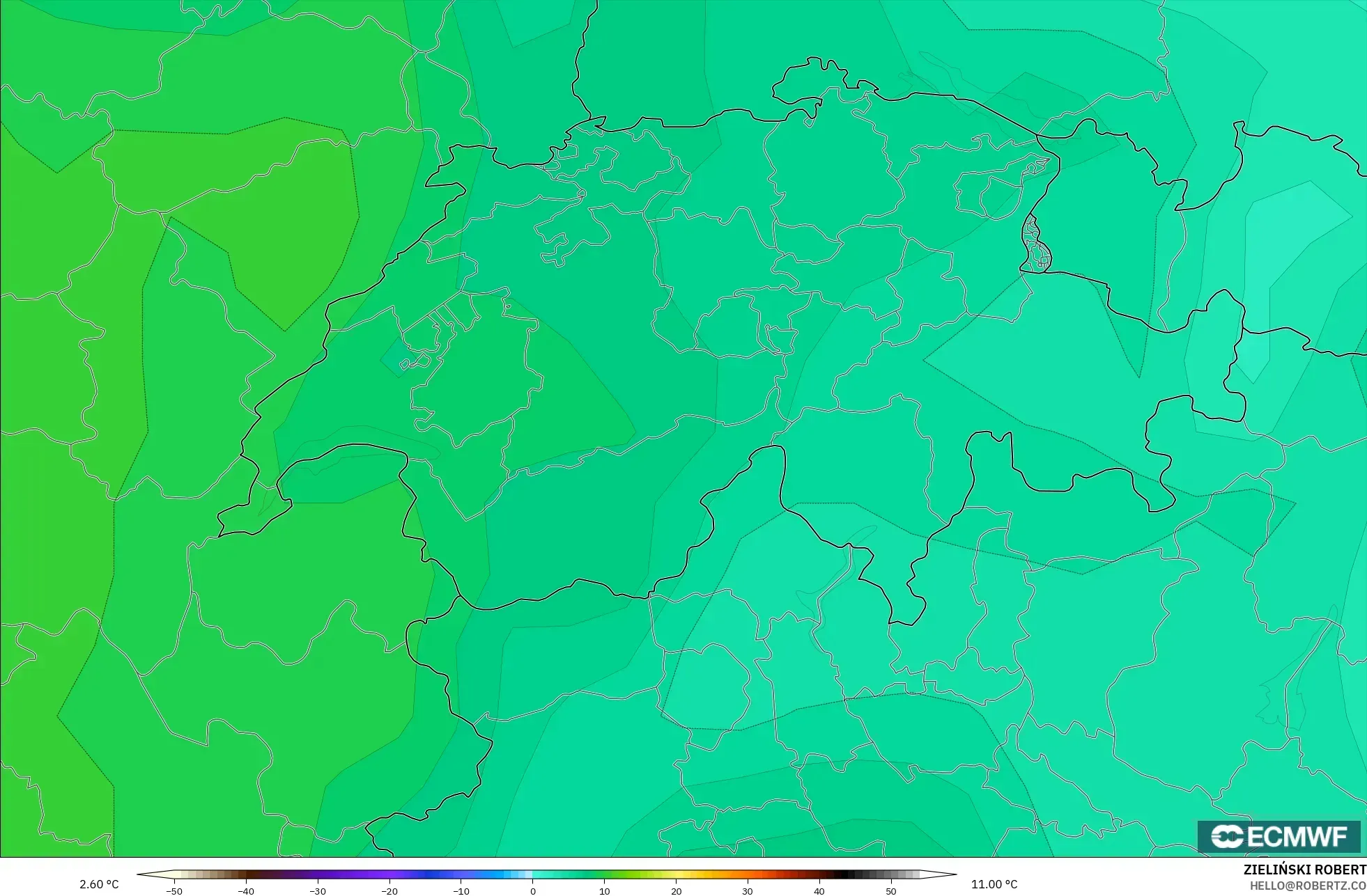 ECMWF IFS 0,25° modelo - Suíça, Temperatura a 850 hPa